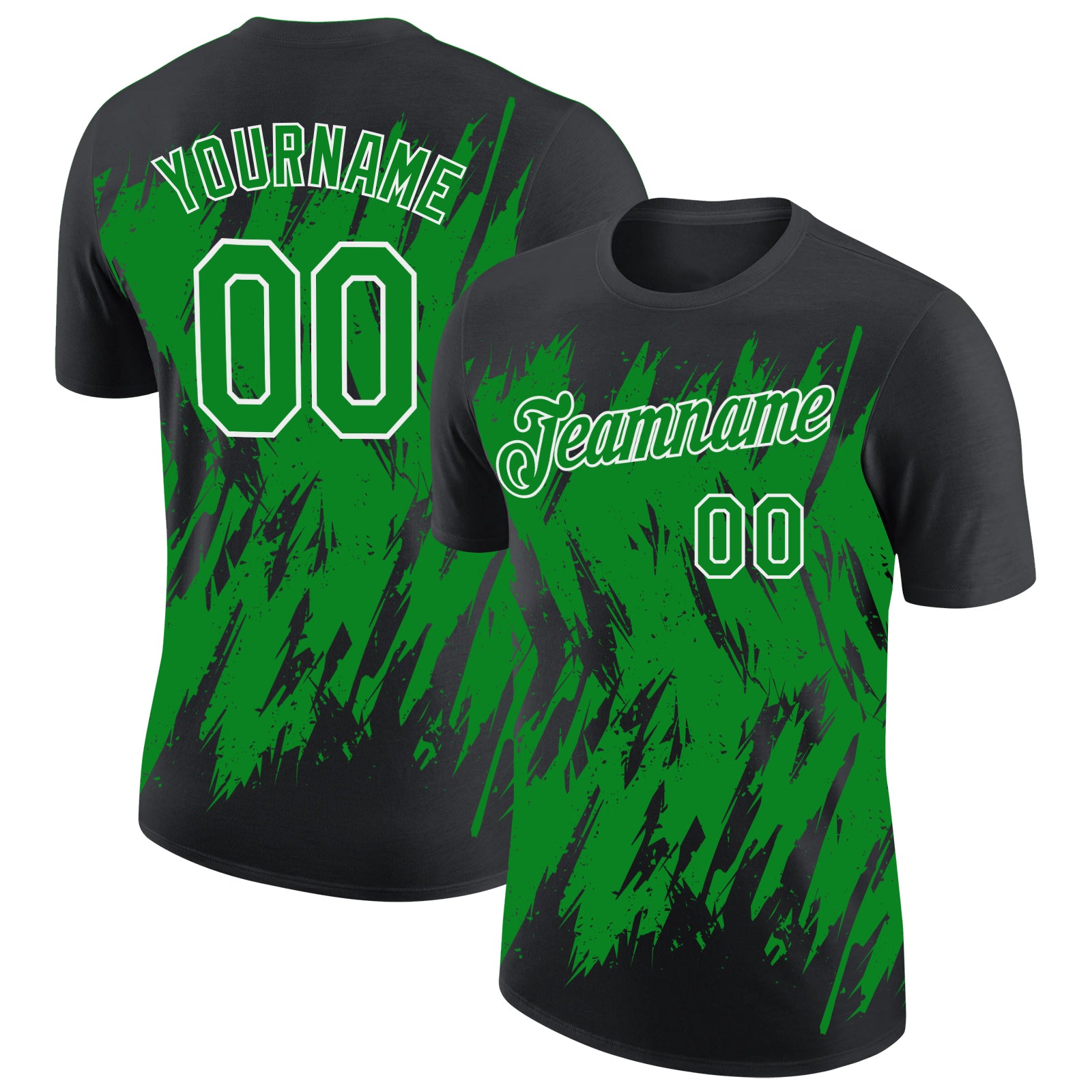 Custom Black Grass Green-White Torn Sharp Brush Stroke Splatter Performance T-Shirt