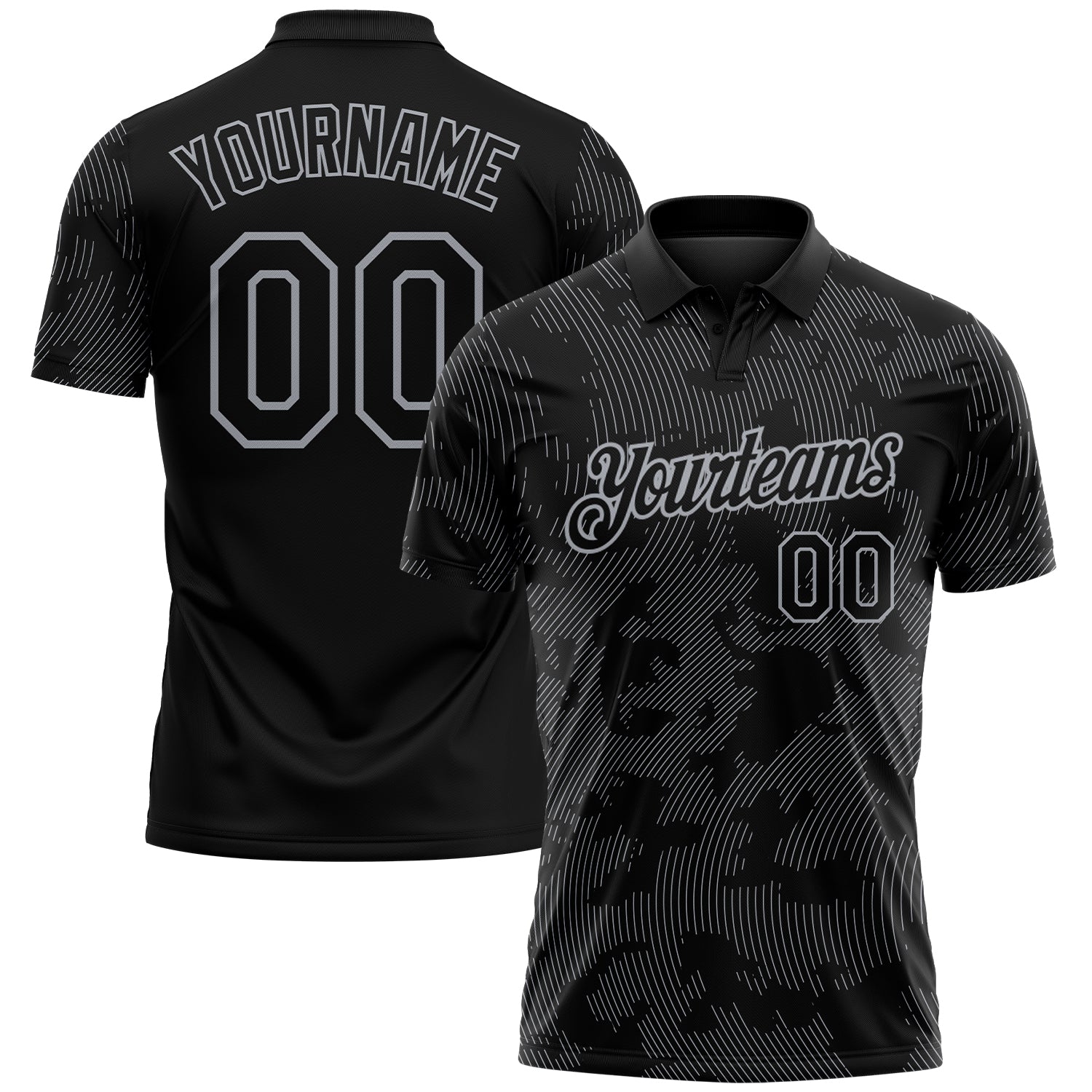 Custom Black-Gray 3D Pattern Abstract Fluid Line Performance Polo Shirt