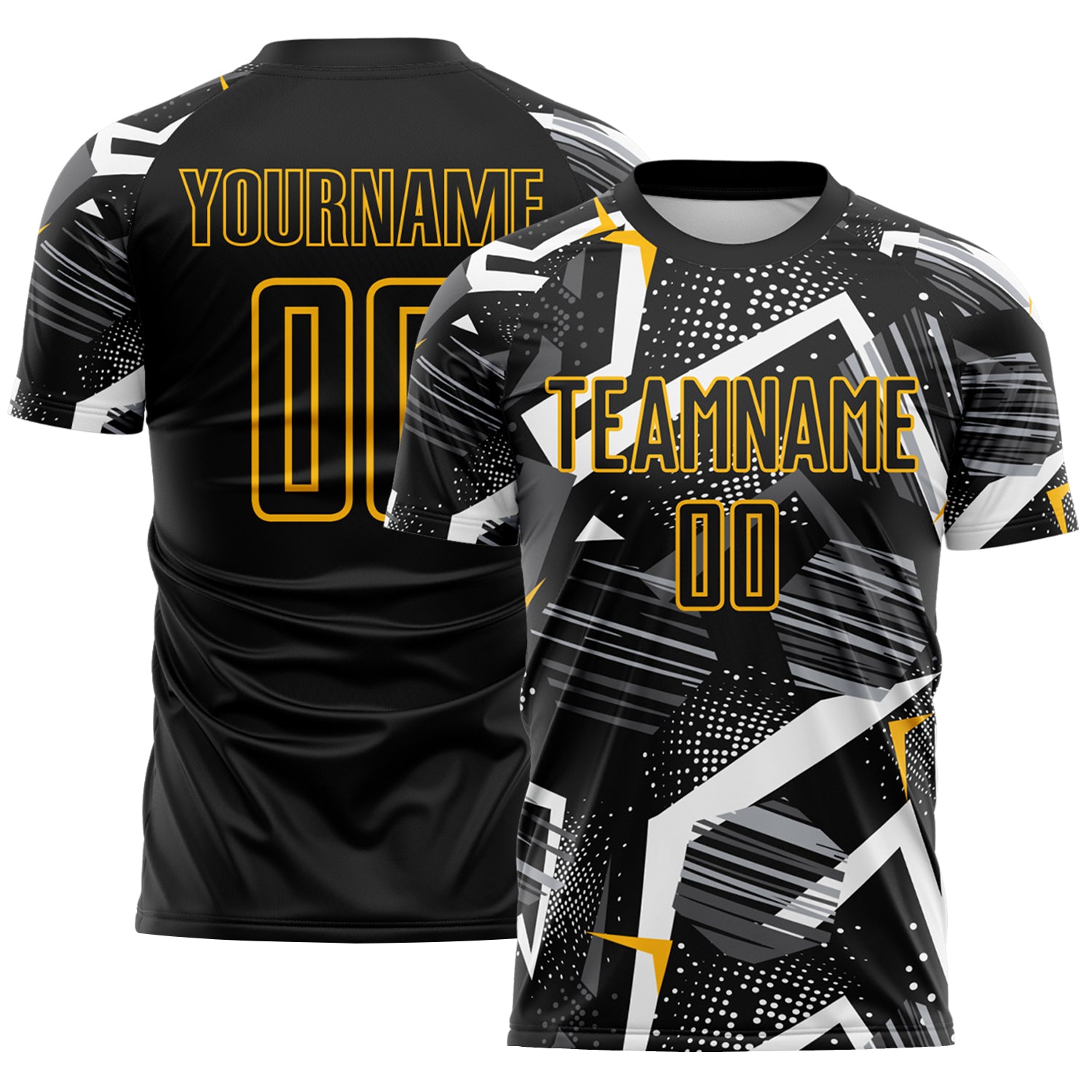 Custom Black Gray-Gold Geometric Asymmetry Shatter Sublimation Soccer Uniform Jersey
