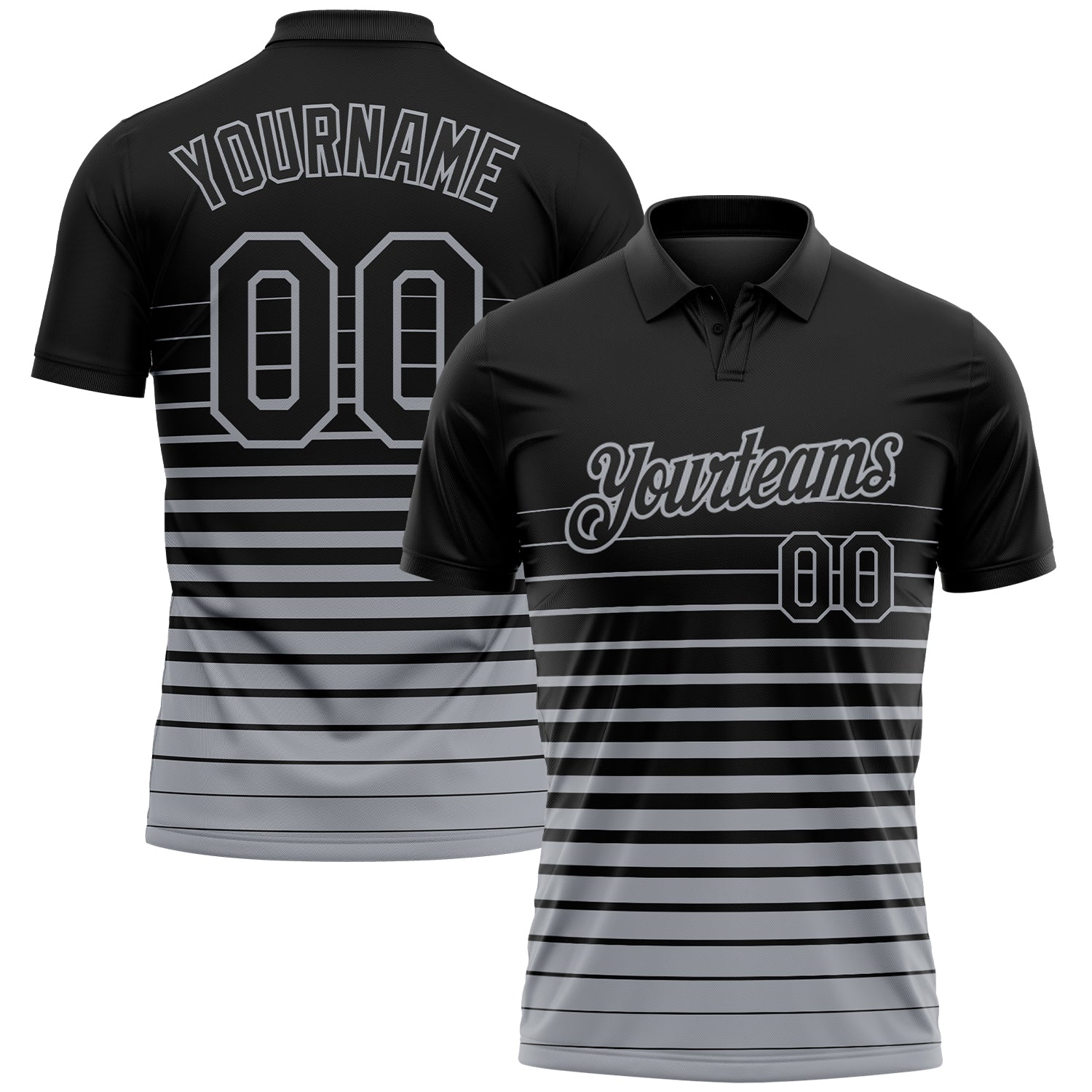 Custom Black-Gray Horizontal Gradient Stripe Performance Polo Shirt
