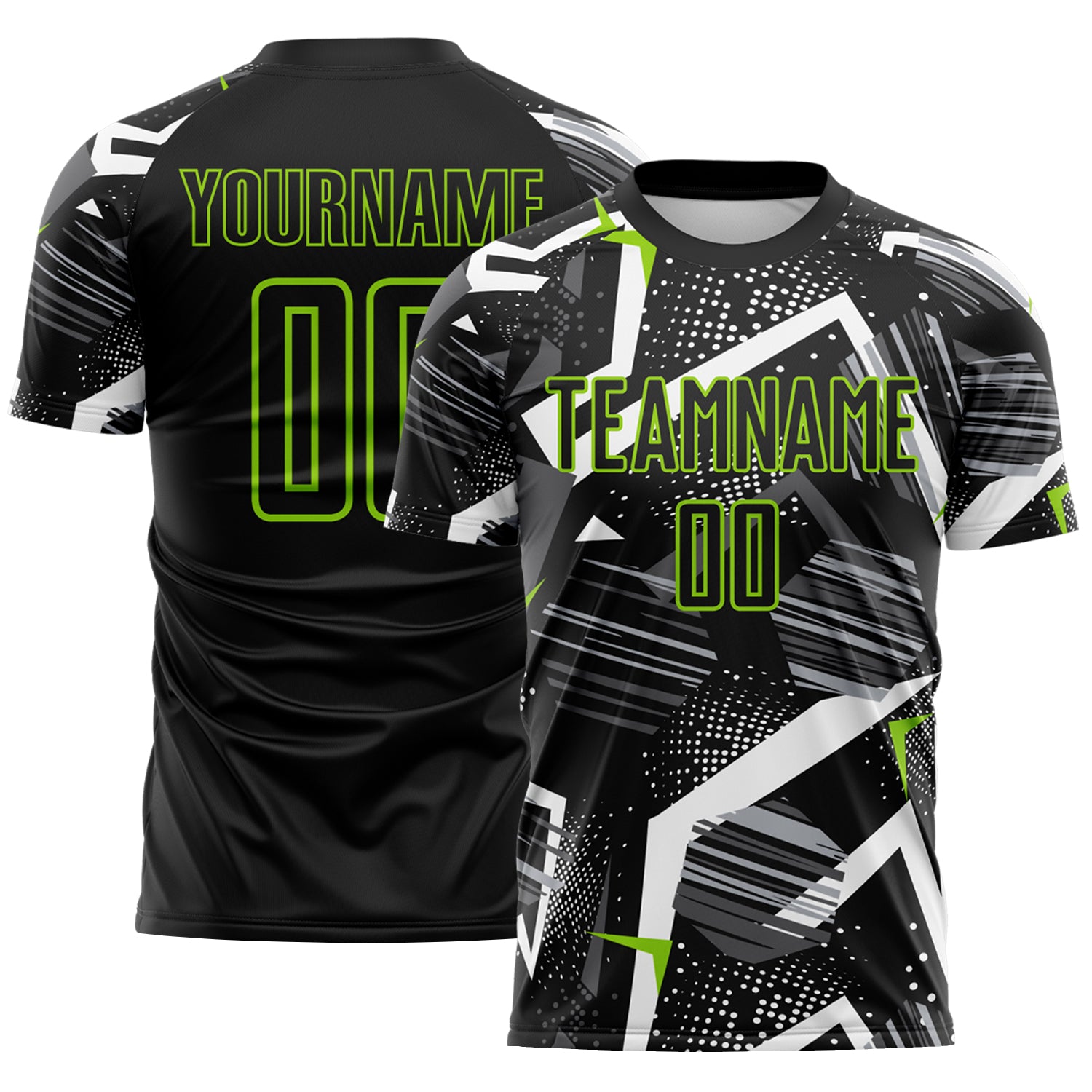 Custom Black Gray-Neon Green Geometric Asymmetry Shatter Sublimation Soccer Uniform Jersey