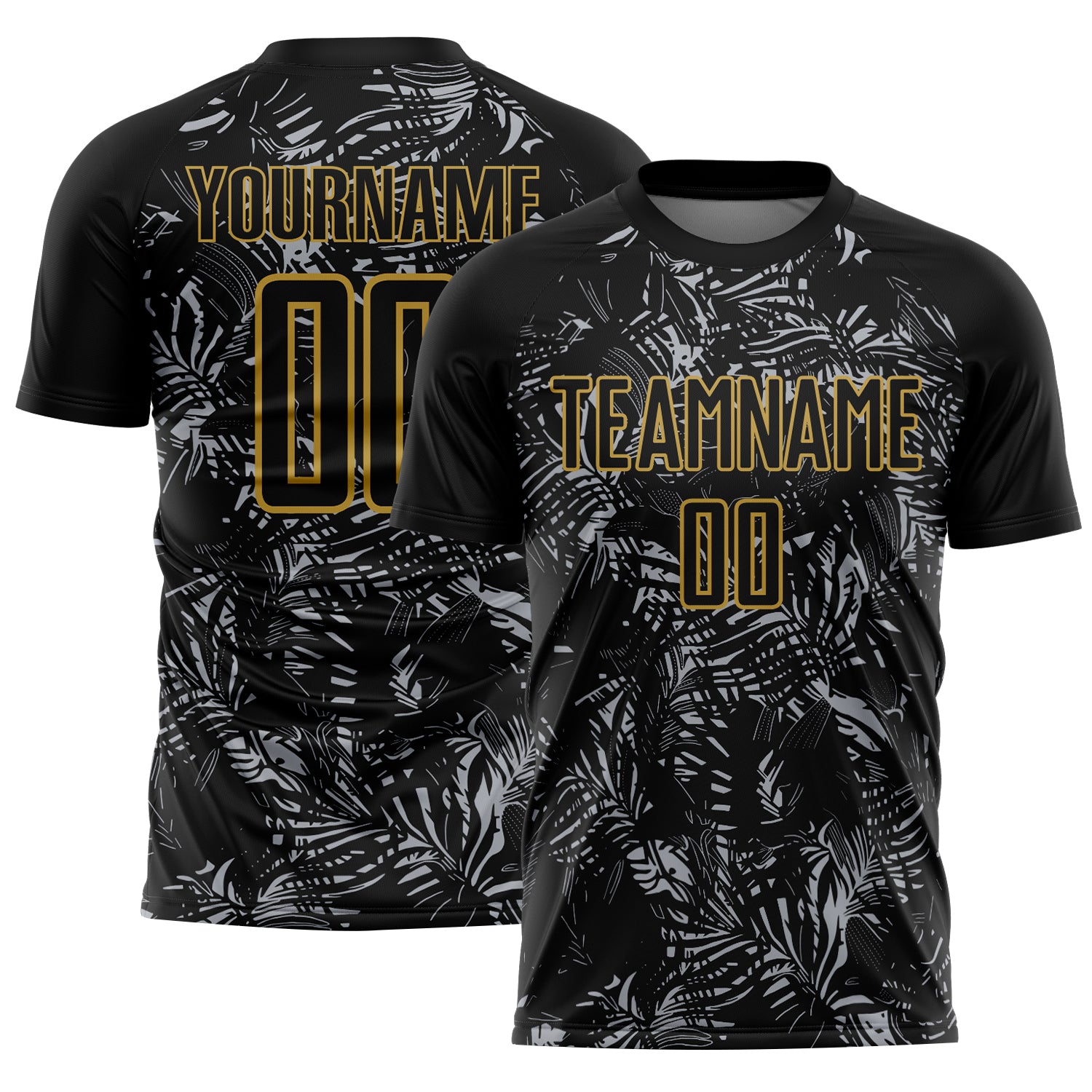 Custom Black Gray-Old Gold Brasil Tropical Palm Leaves Sublimation Soccer Uniform Jersey