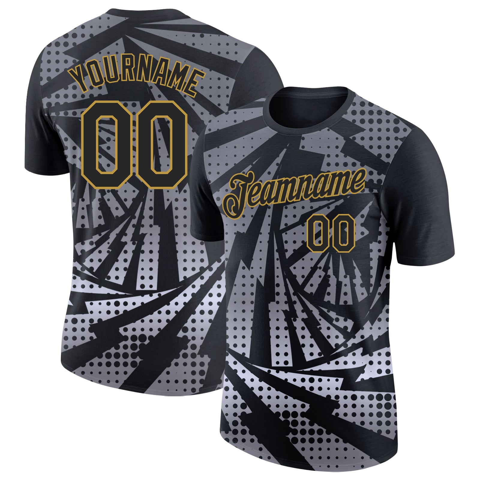 Custom Black Gray-Old Gold Lightning Gradient Dot Performance T-Shirt