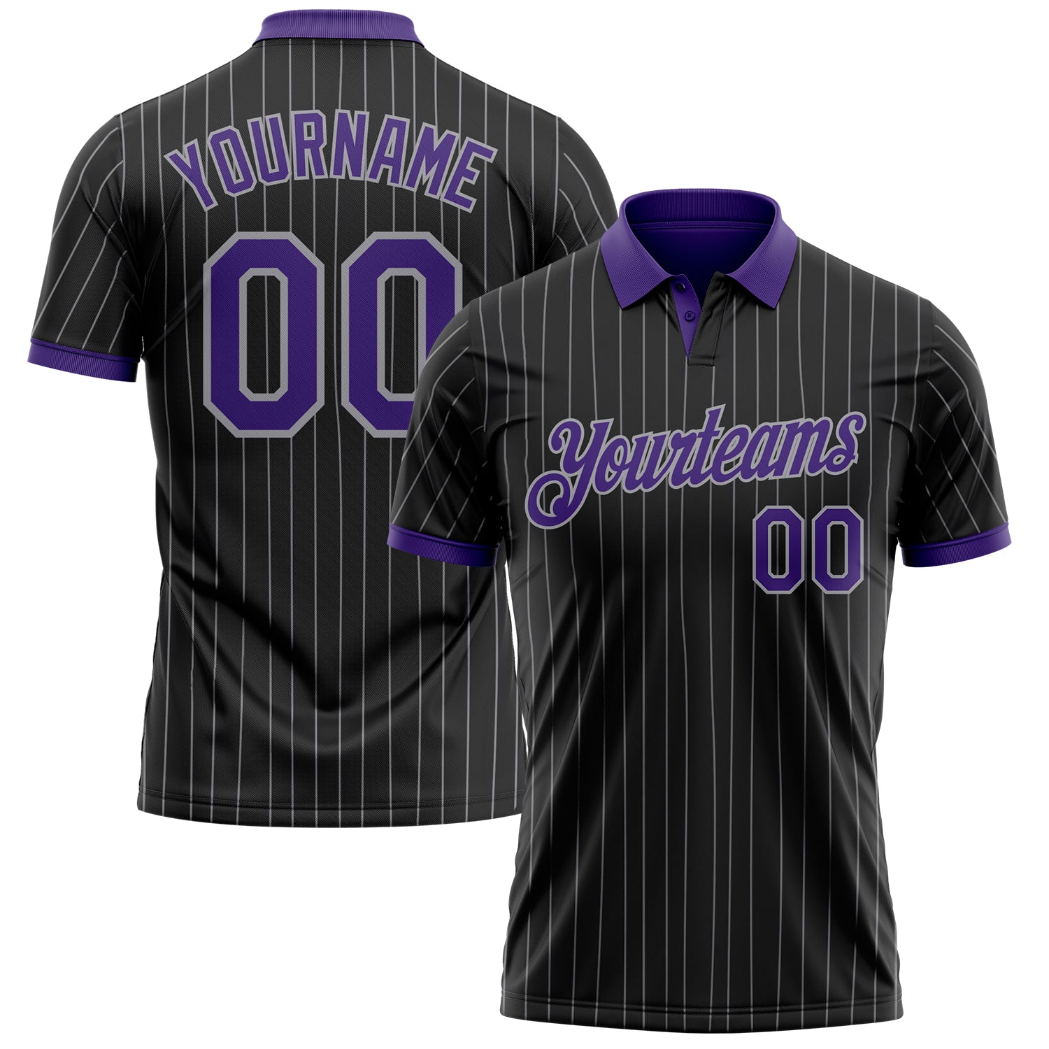 Custom Black Gray Pinstripe-Purple Performance Polo Shirt