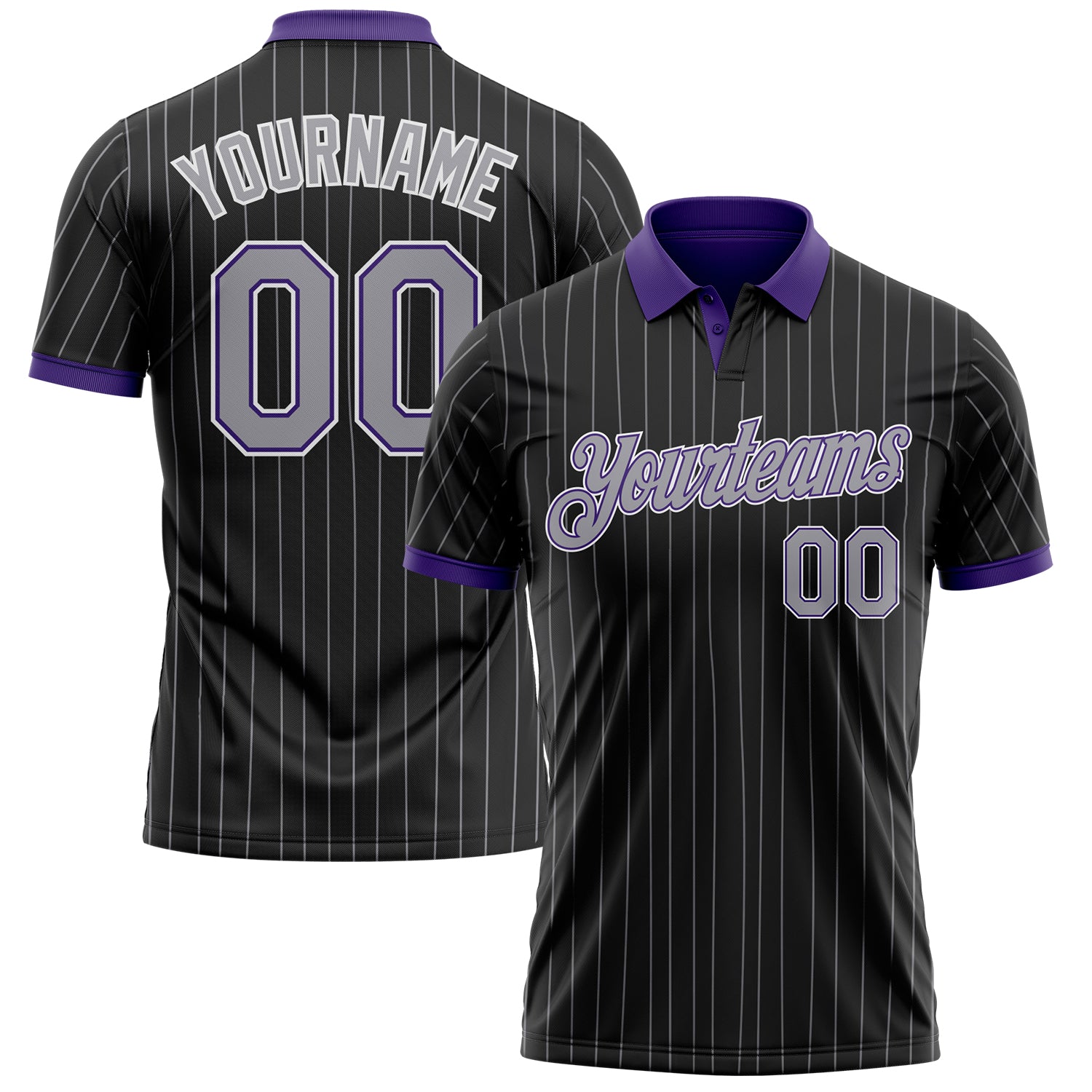 Custom Black Gray Pinstripe Purple-White Performance Polo Shirt