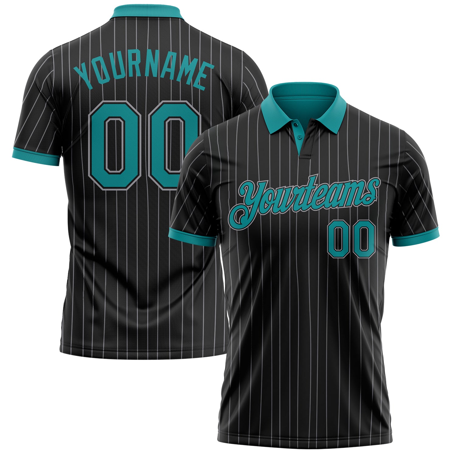 Custom Black Gray Pinstripe-Teal Performance Polo Shirt