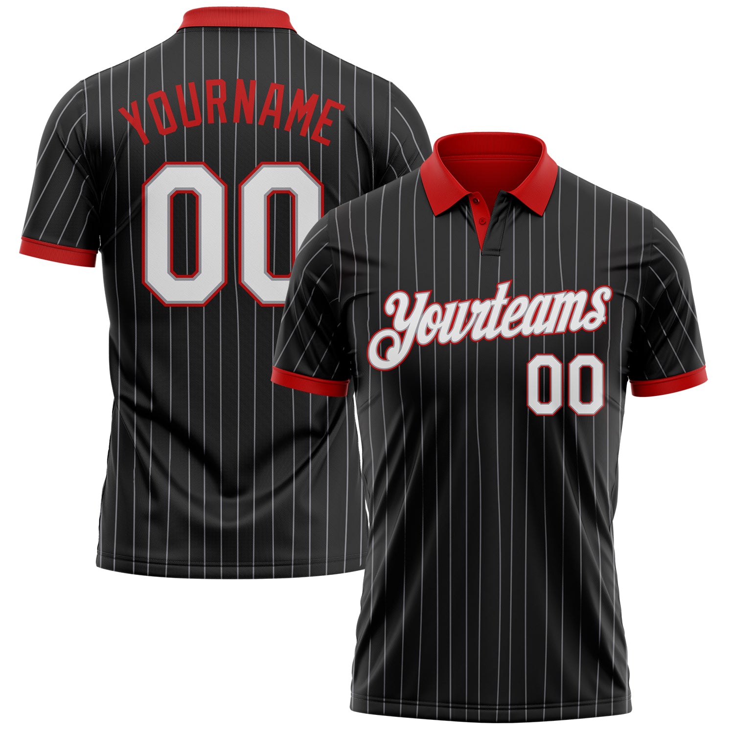 Custom Black Gray Pinstripe White-Red Performance Polo Shirt