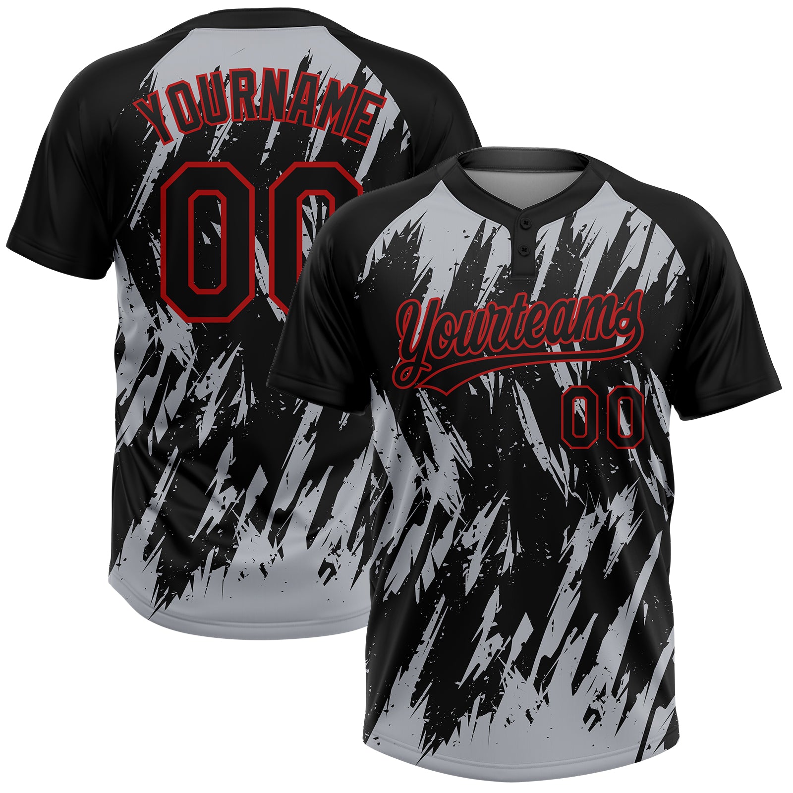 Custom Black Gray-Red Splatter Torn Sharp Brush Stroke Two-Button Unisex Softball Jersey