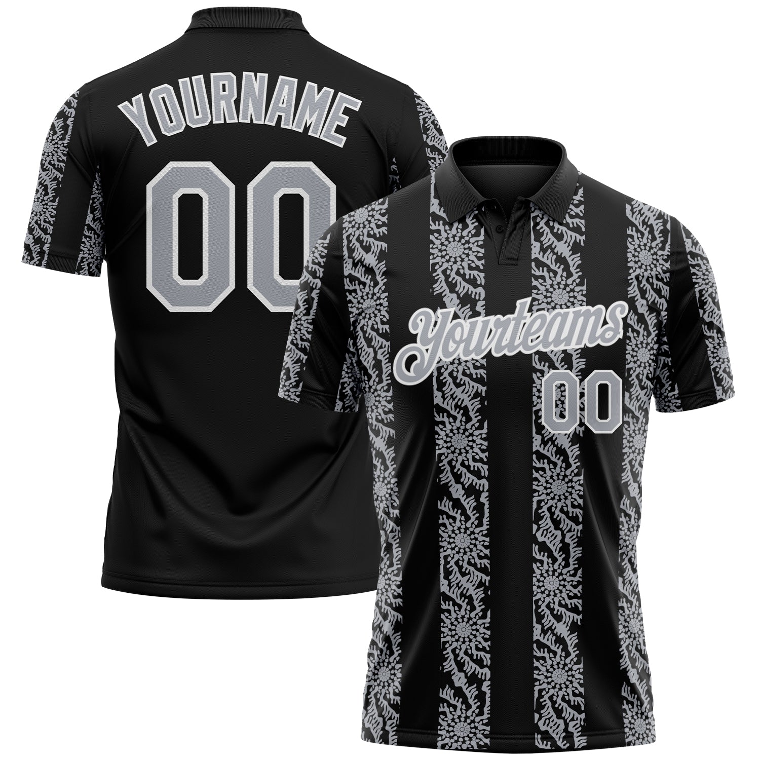 Custom Black Gray-White 3D Pattern Abstract Floral Stripe Tribal Performance Polo Shirt