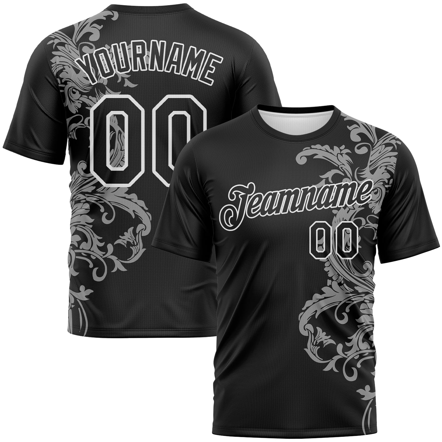 Custom Black Gray-White 3D Pattern Baroque Rococo Floral Scrollwork Performance T-Shirt