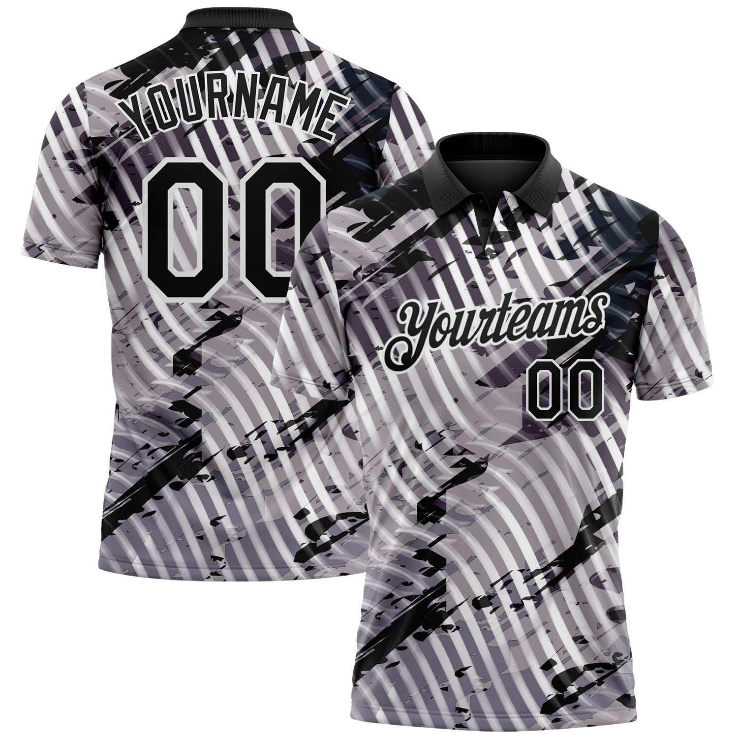 Custom Black Gray-White Abstract Grunge Splatter Diagonal Stripe Performance Polo Shirt