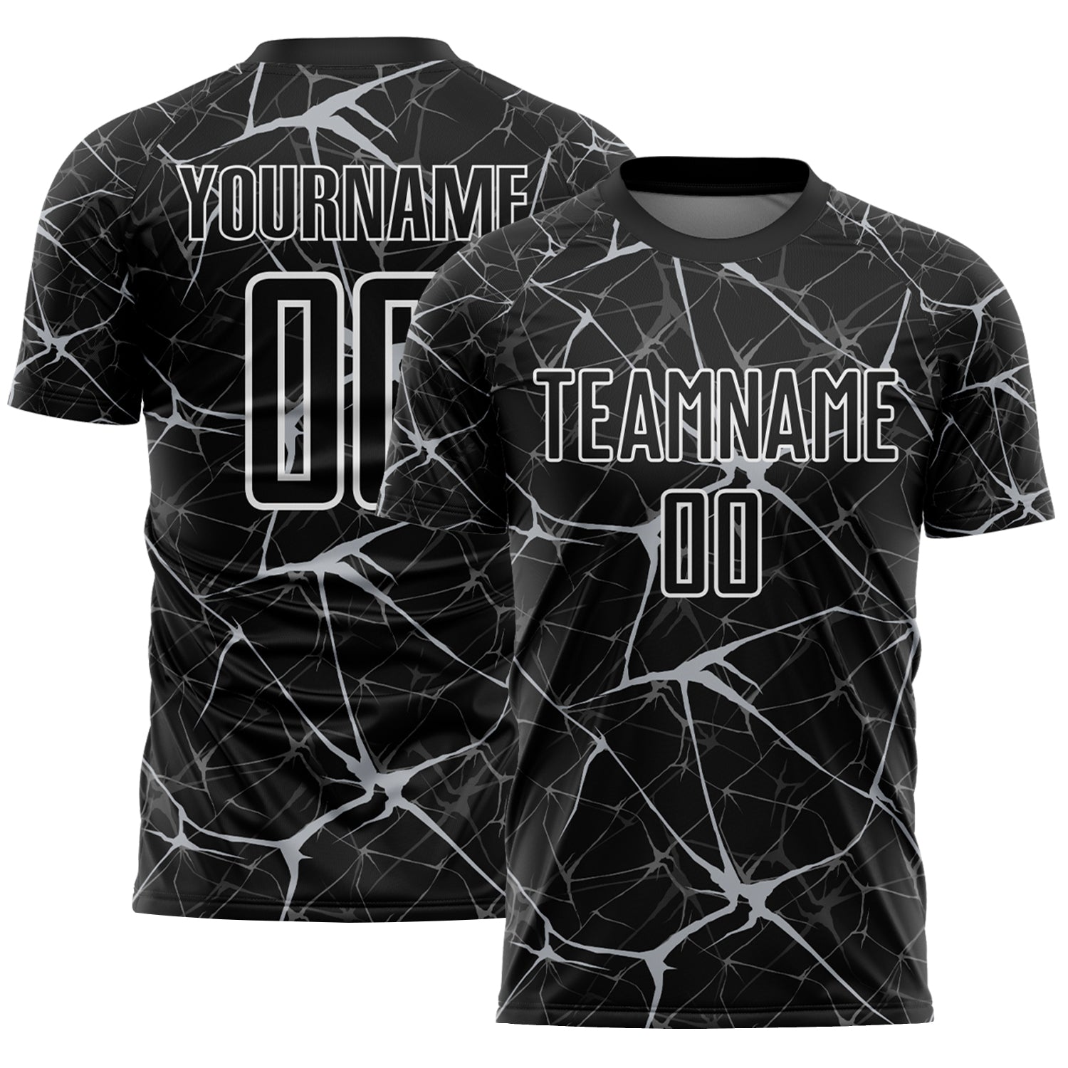 Custom Black Gray-White Abstract Network Crackle Sublimation Soccer Uniform Jersey
