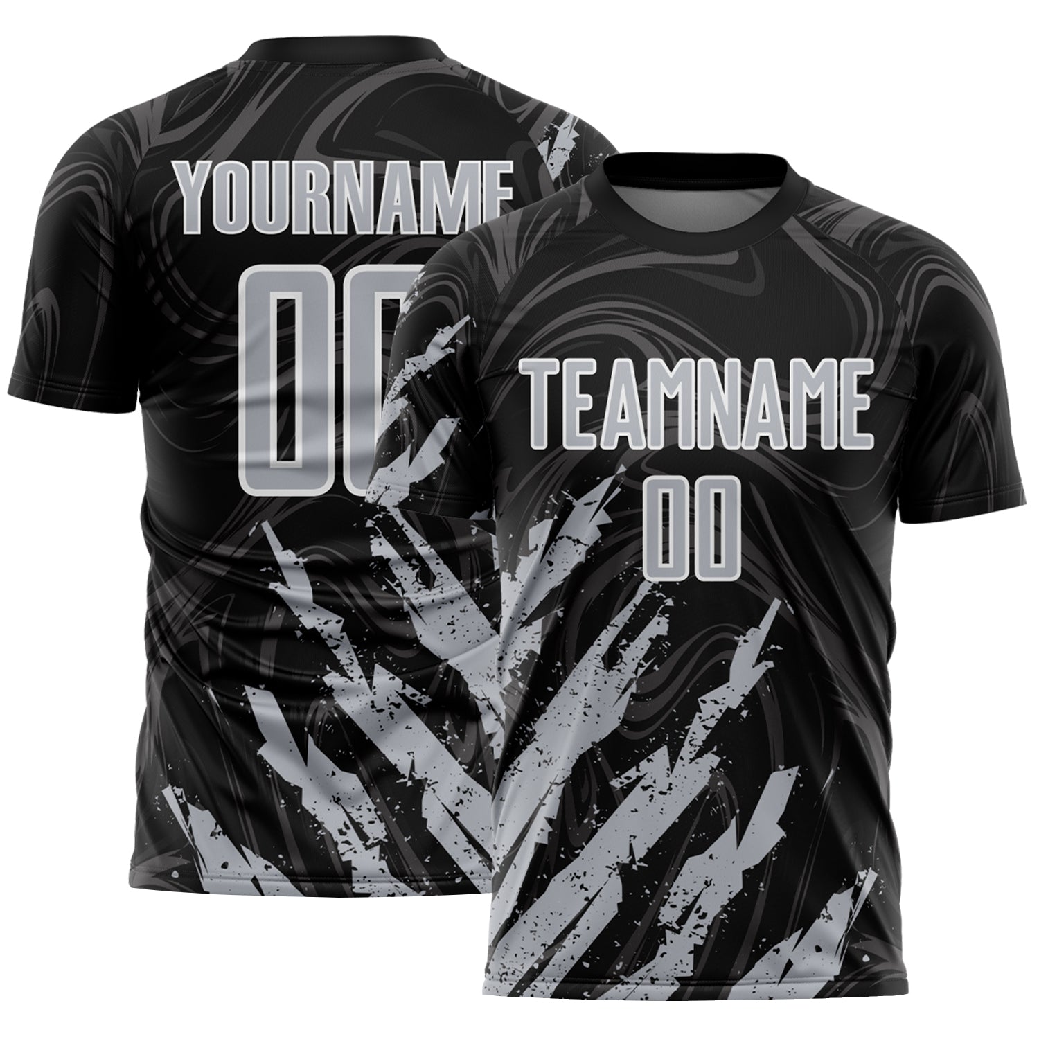 Custom Black Gray-White Brush Stroke Splatter Liquid Swirl Sublimation Soccer Uniform Jersey