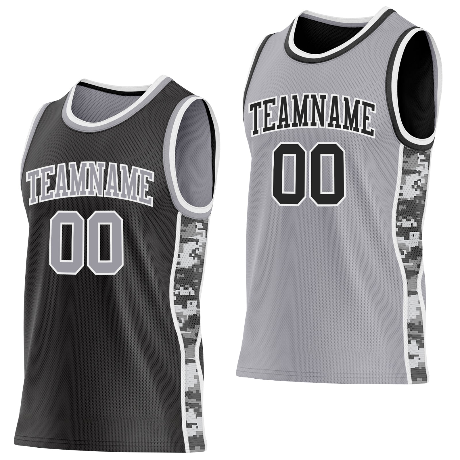 Custom Black Gray-White Camo Side Panel Stripe Reversible Double Side Sublimation Basketball Set Jersey