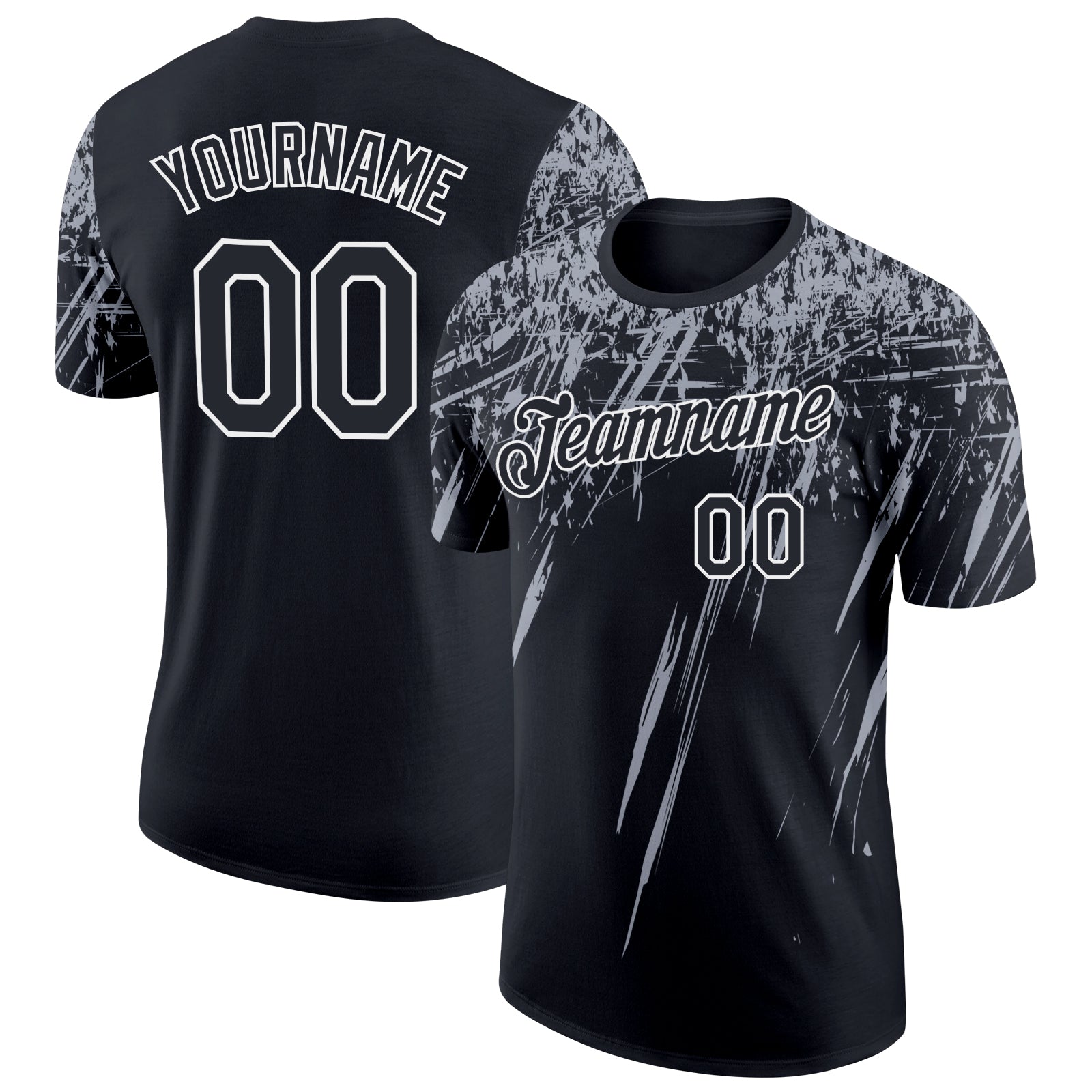 Custom Black Gray-White Distressed Scratch Brush Stroke Performance T-Shirt