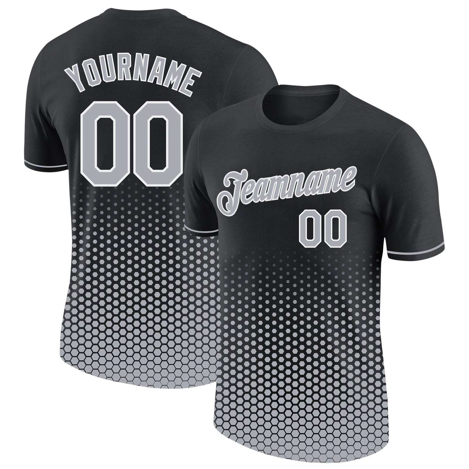 Custom Black Gray-White Geometric Hexagonal Dot Gradient Performance T-Shirt