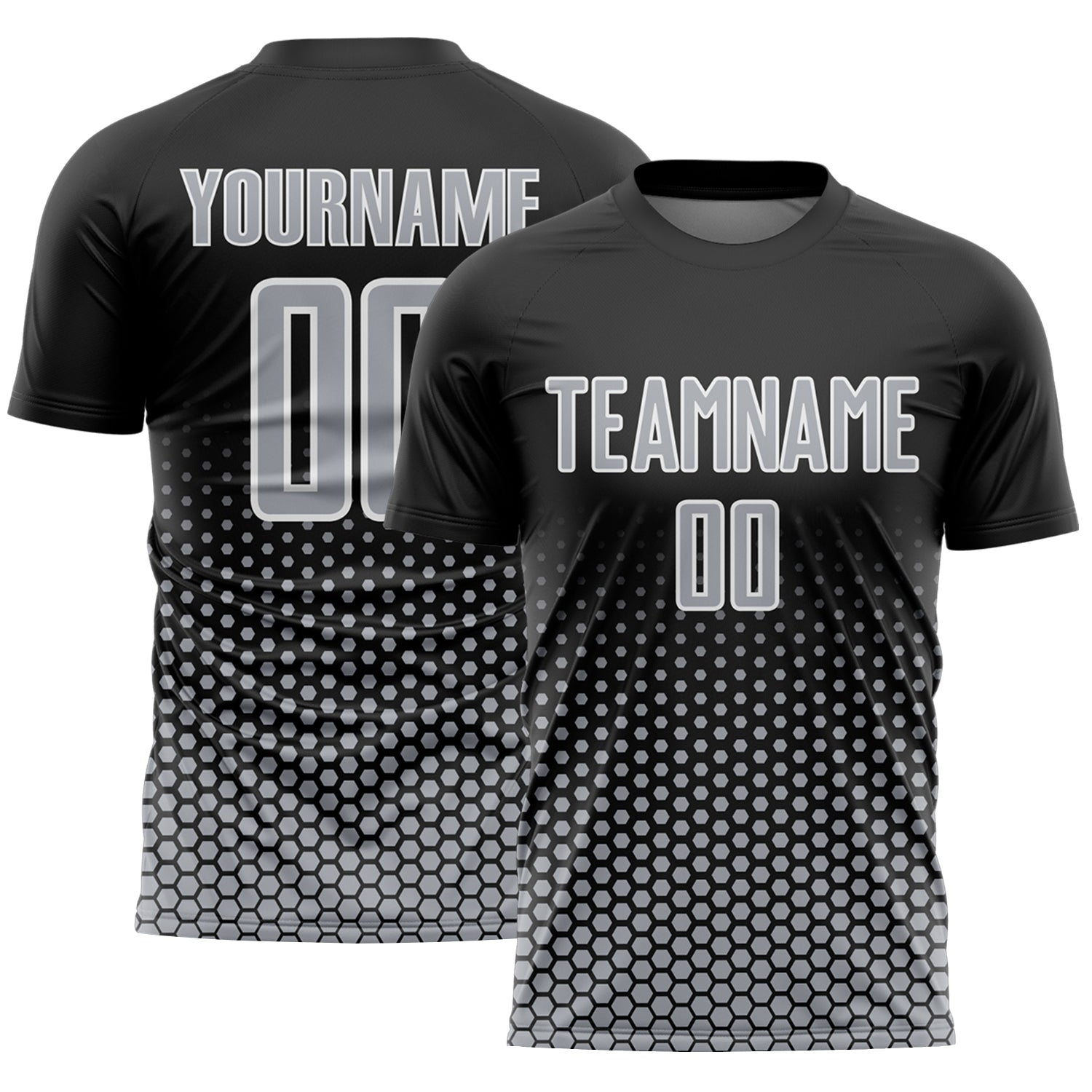 Custom Black Gray-White Geometric Hexagonal Dot Gradient Sublimation Soccer Uniform Jersey