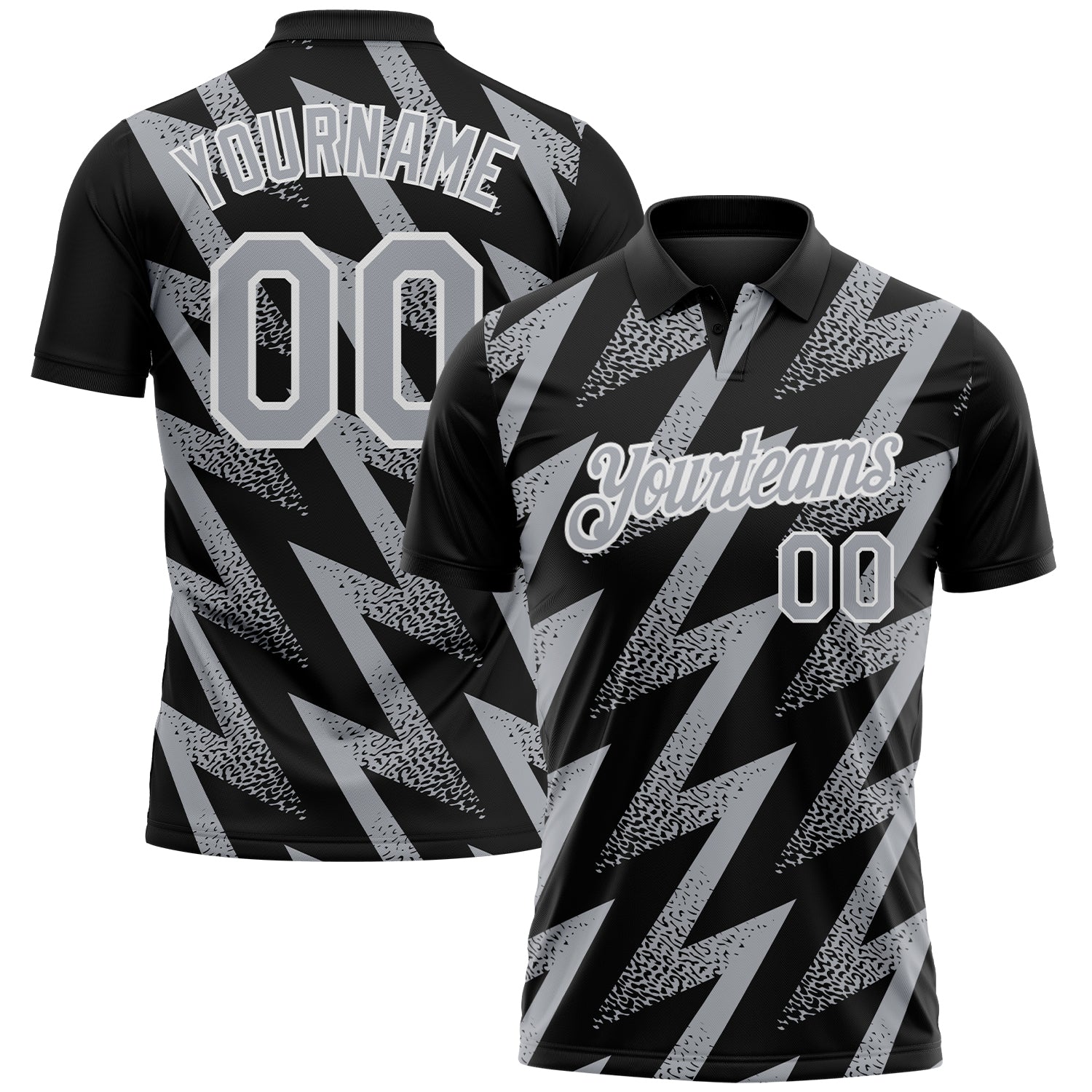 Custom Black Gray-White Geometric Zigzag Shape Lightning Performance Polo Shirt