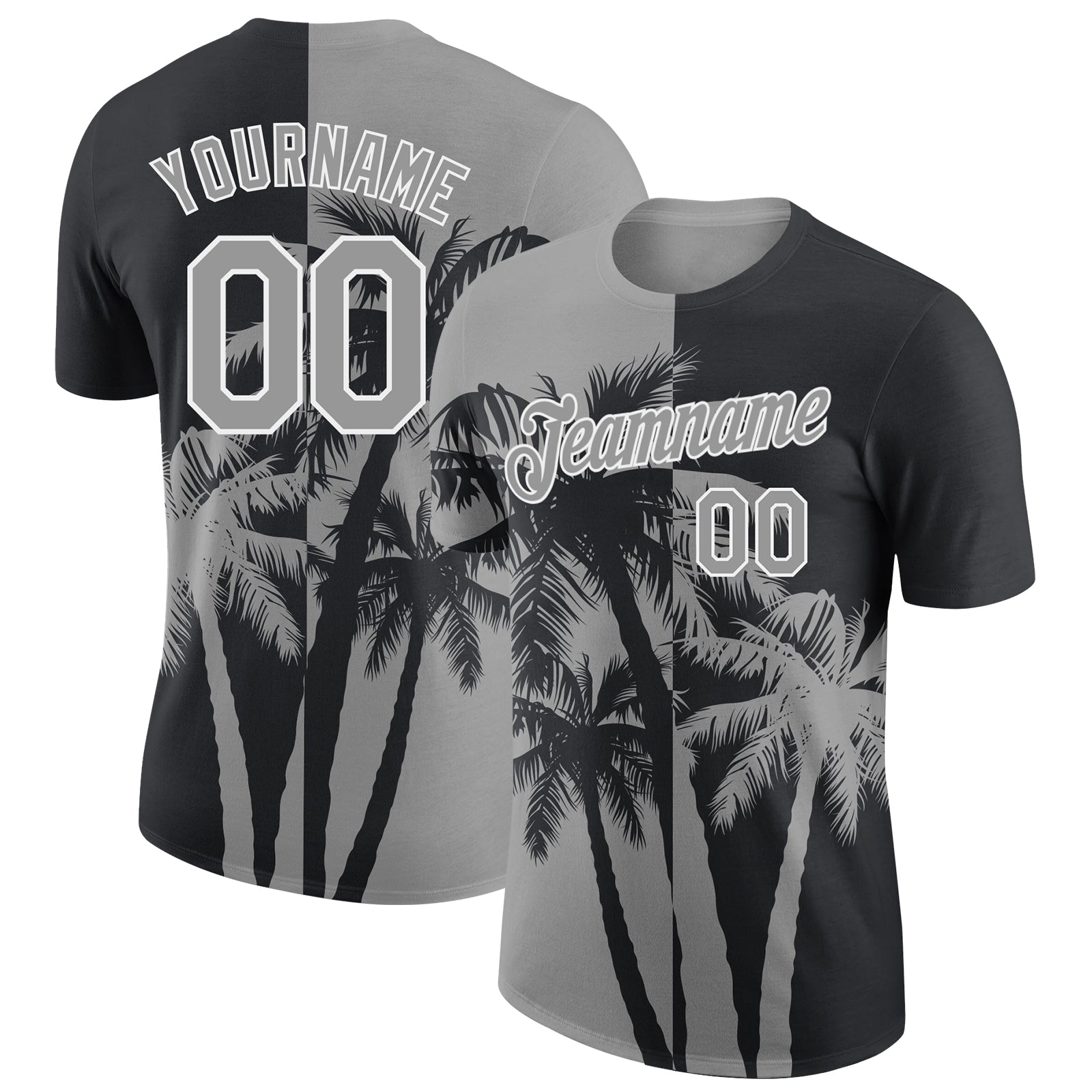 Custom Black Gray-White Hawaii Tropical Coastal Palm Trees Performance T-Shirt