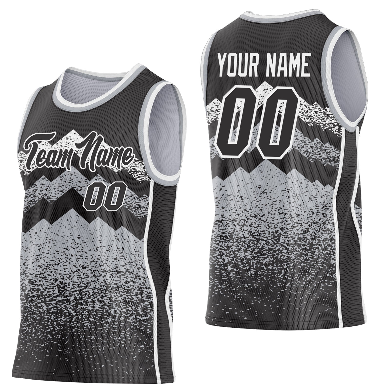 Custom Black Gray-White Mountain Peak Shards Side Panel Stripe Round Neck Sublimation Basketball Set Jersey