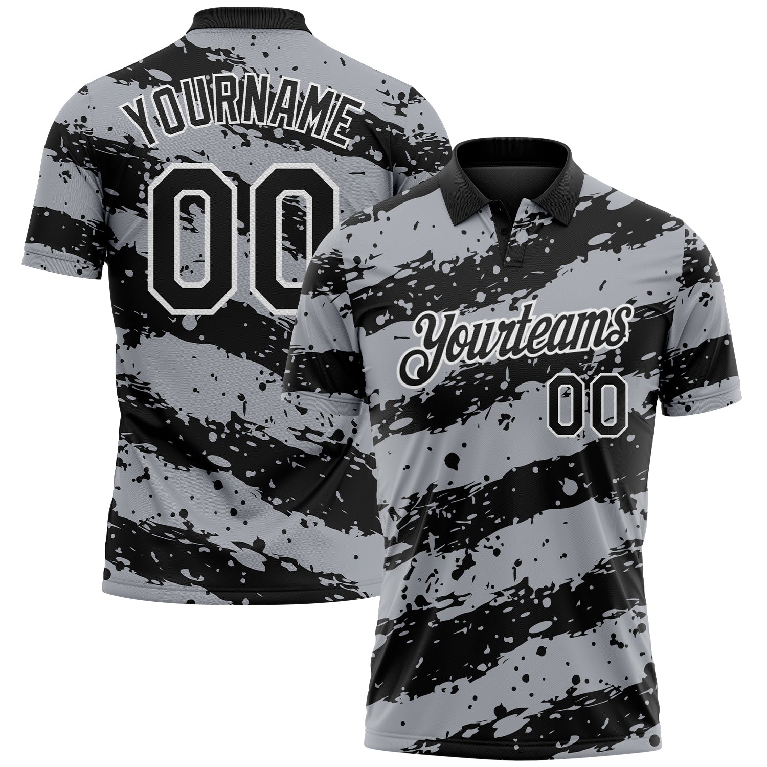 Custom Black Gray-White Paint Splash Stripe Performance Polo Shirt