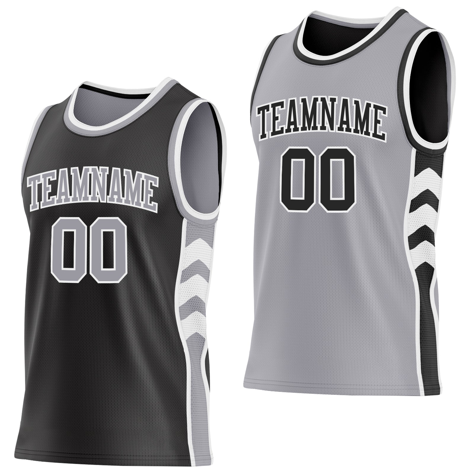 Custom Black Gray-White Side Panel Geometric Chevron Reversible Double Side Sublimation Basketball Set Jersey