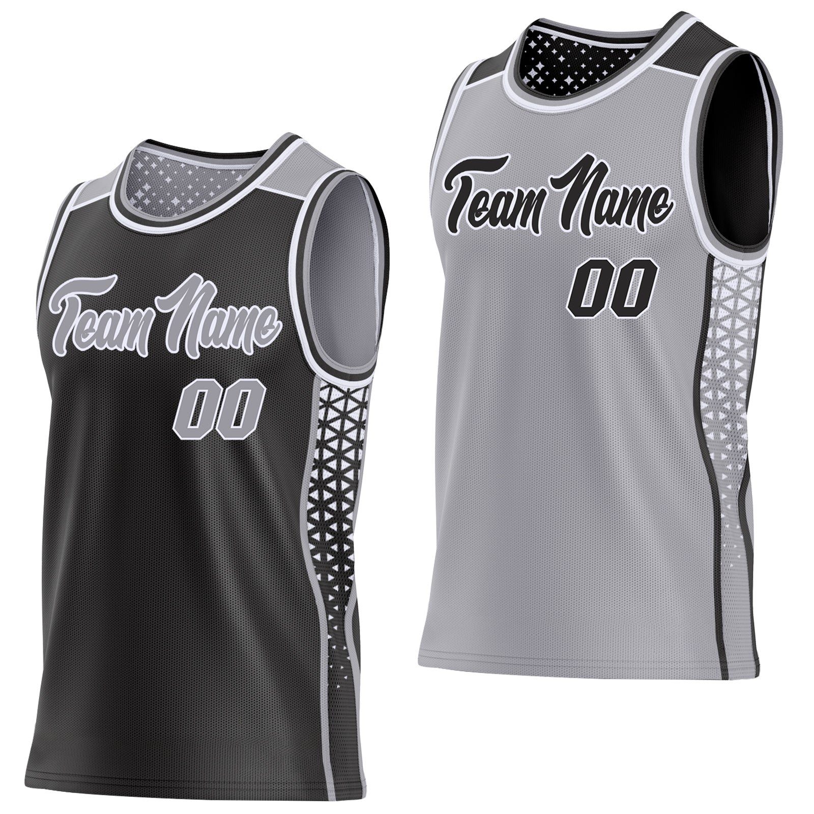 Custom Black Gray-White Side Panel Stripe Geometric Triangle Gradient Dot Reversible Double Side Sublimation Basketball Set Jersey