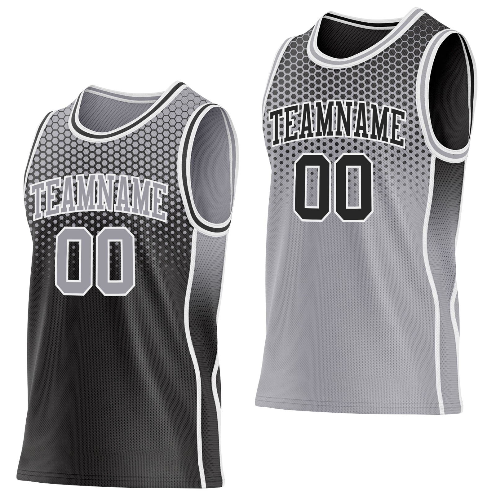 Custom Black Gray-White Side Panel Stripe Gradient Geometric Honeycomb Reversible Double Side Sublimation Basketball Set Jersey