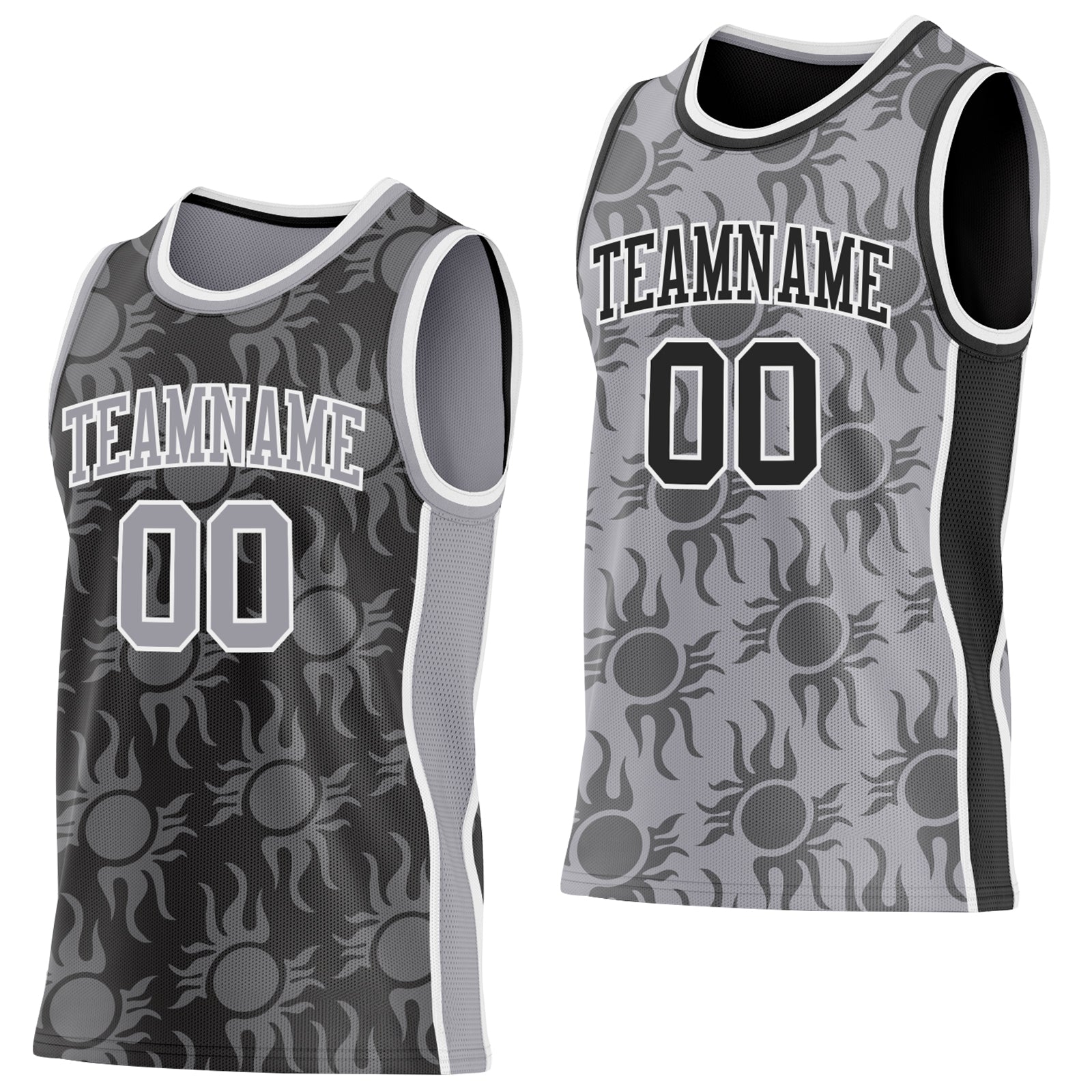 Custom Black Gray-White Side Panel Stripe Sun Flame Reversible Double Side Sublimation Basketball Set Jersey