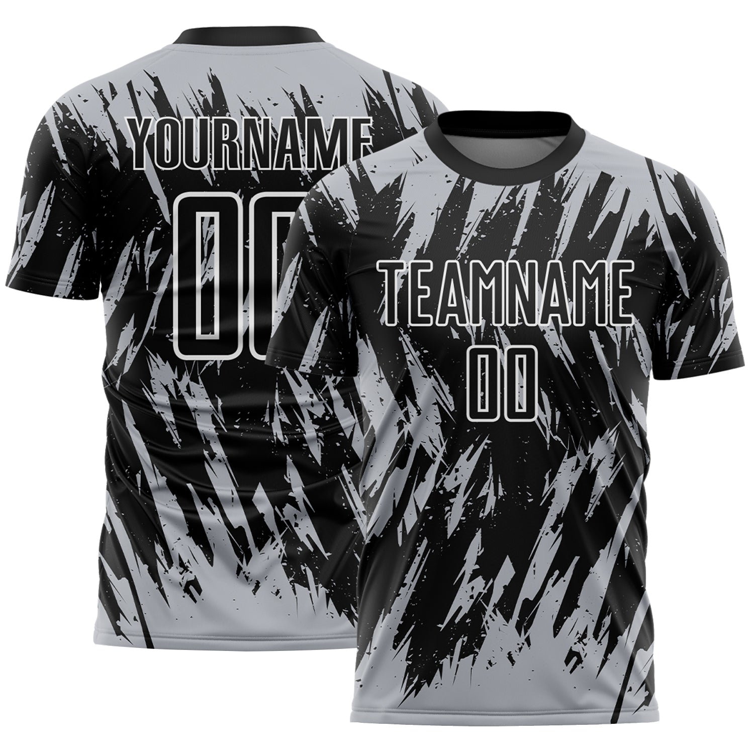 Custom Black Gray-White Splatter Torn Sharp Brush Stroke Sublimation Soccer Uniform Jersey