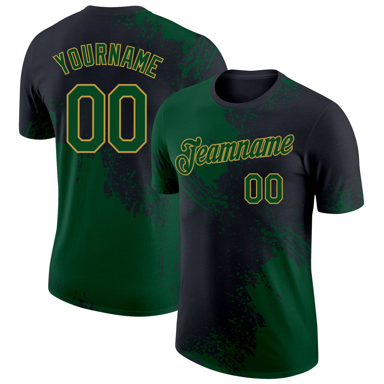 Custom Black Green-Old Gold Abstract Brush Stroke Performance T-Shirt