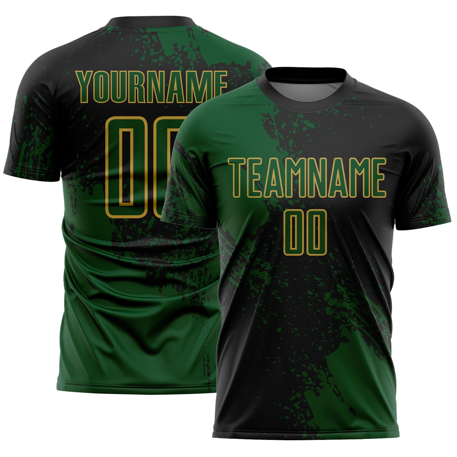 Custom Black Green-Old Gold Abstract Brush Stroke Sports Sublimation Soccer Uniform Jersey