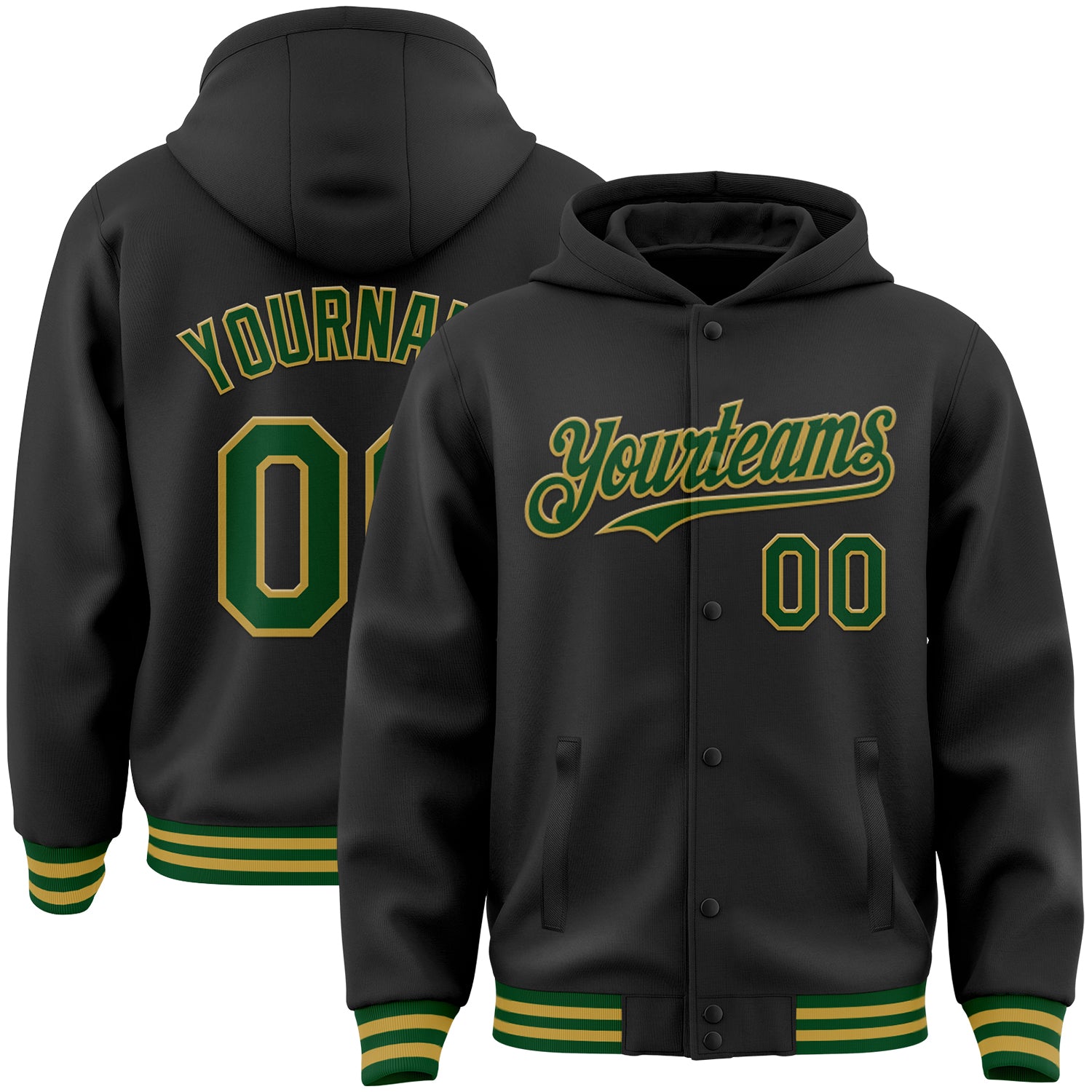 Custom Black Green-Old Gold Bomber Full-Snap Varsity Letterman Hoodie Jacket