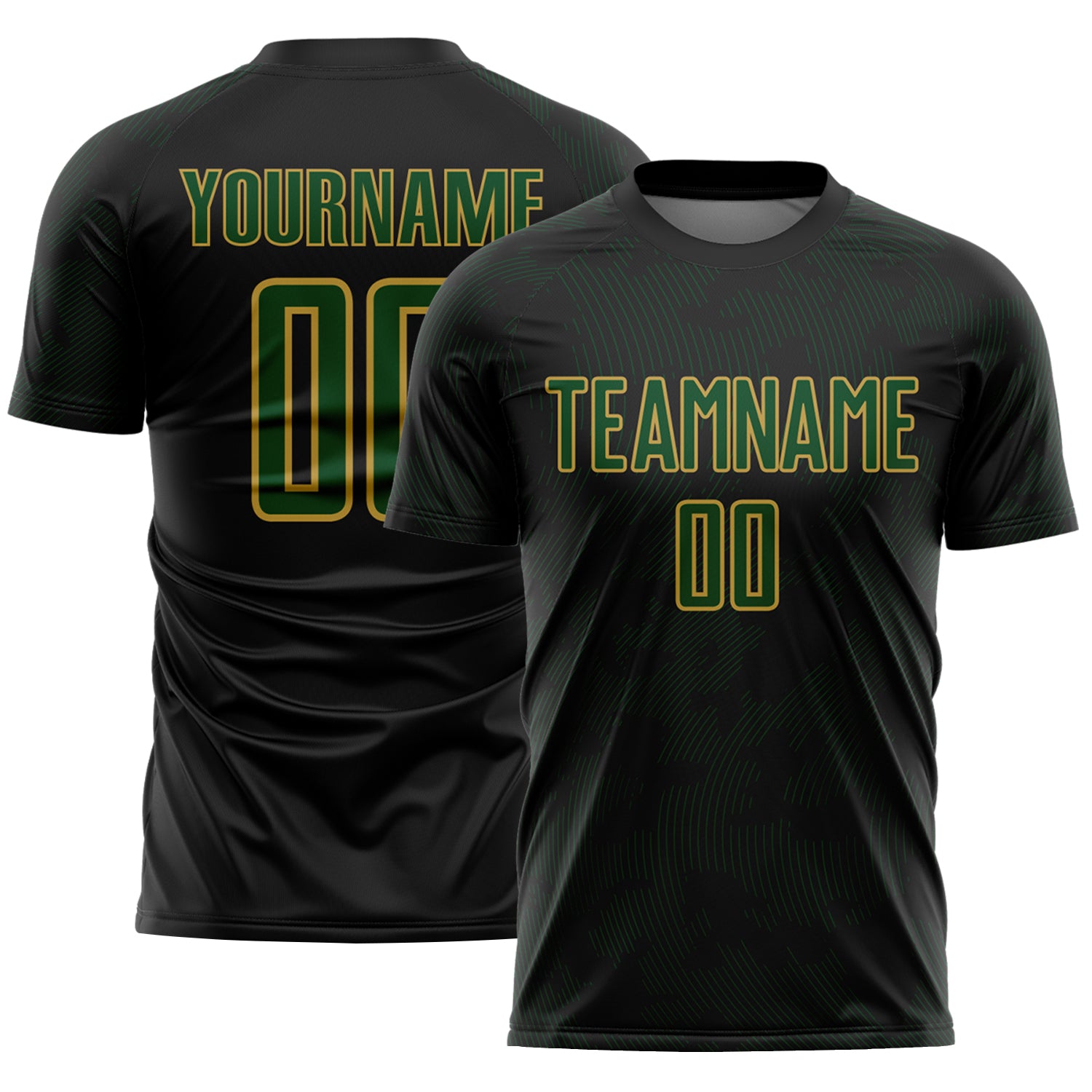 Custom Black Green-Old Gold Curve Lines Sublimation Soccer Uniform Jersey