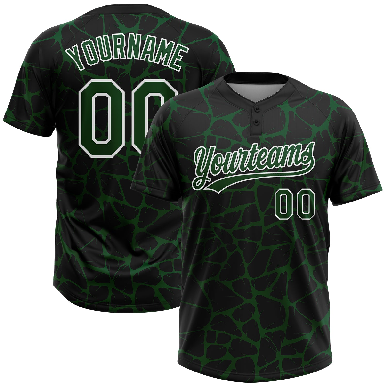 Custom Black Green-White 3D Pattern Design Abstract Network Crackle Two-Button Unisex Softball Jersey