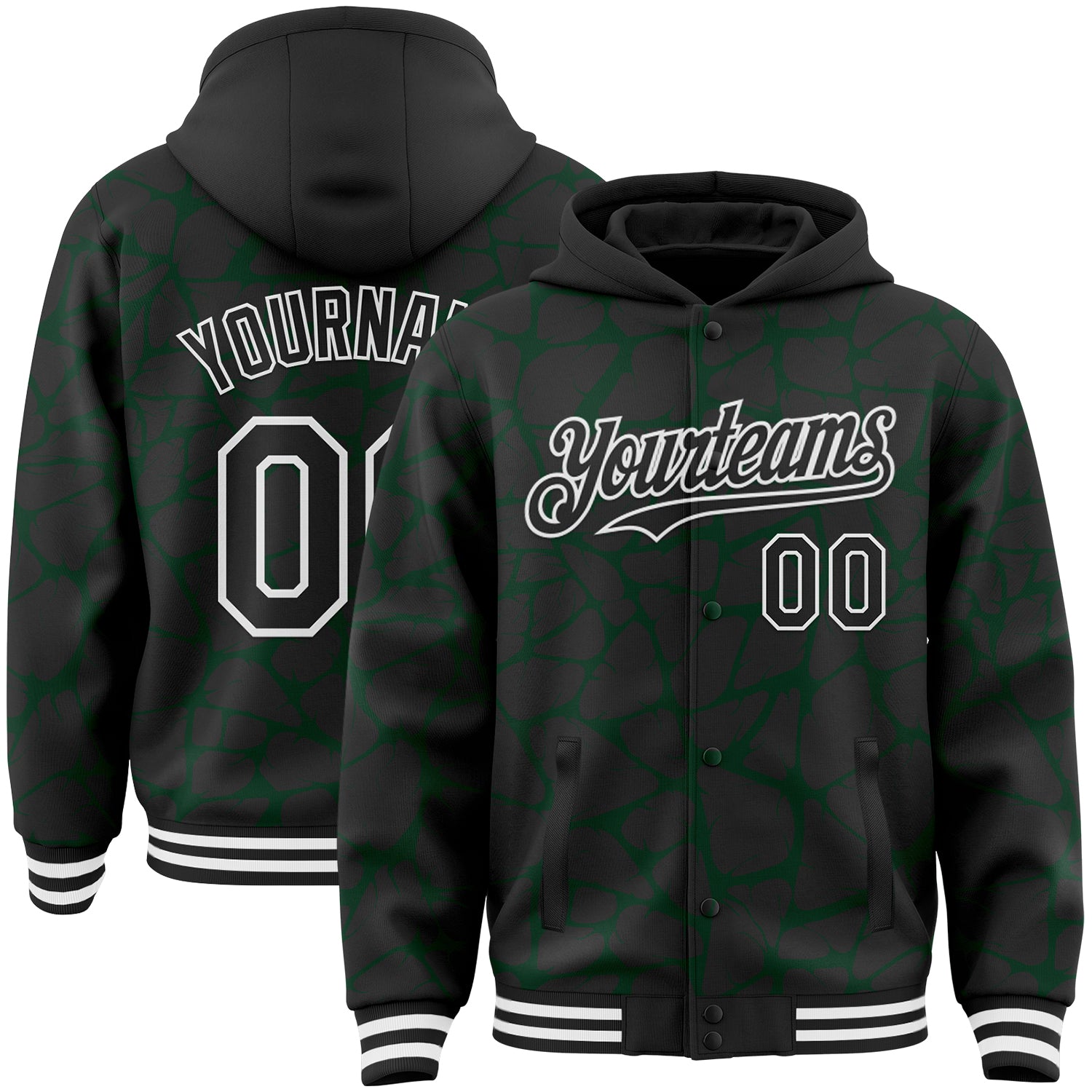 Custom Black Green-White Abstract Network 3D Pattern Design Bomber Full-Snap Varsity Letterman Hoodie Jacket