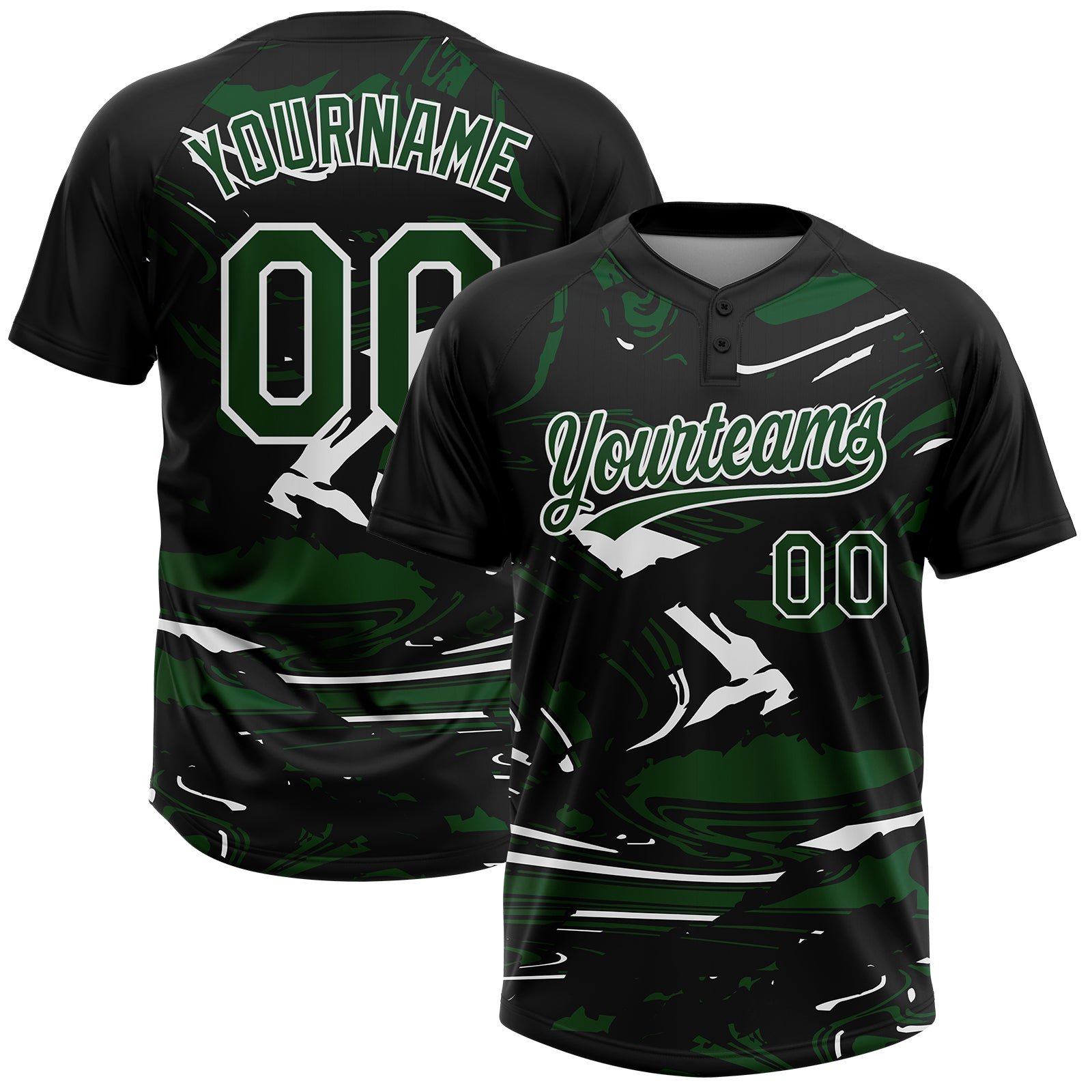 Custom Black Green-White Raglan Sleeves Abstract Fluid Marble Two-Button Unisex Softball Jersey