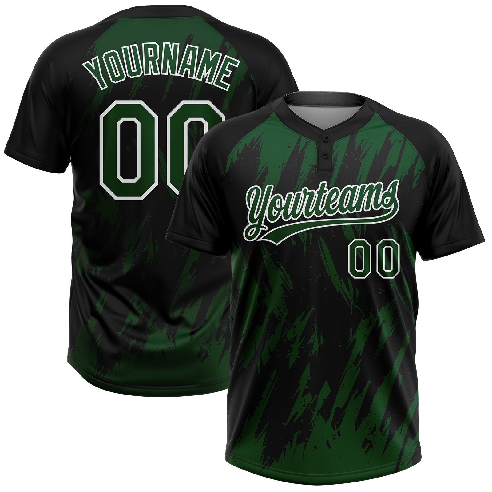 Custom Black Green-White Splatter Torn Sharp Brush Stroke Two-Button Unisex Softball Jersey