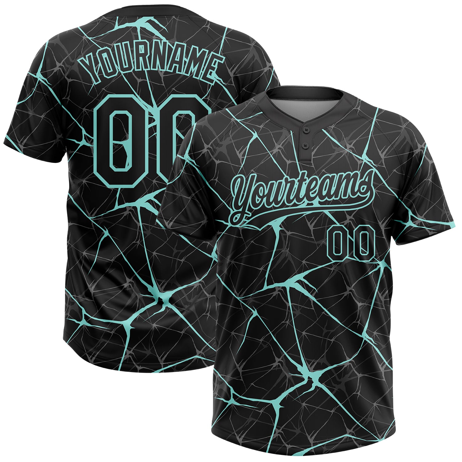 Custom Black Ice Blue 3D Pattern Design Abstract Network Two-Button Unisex Softball Jersey