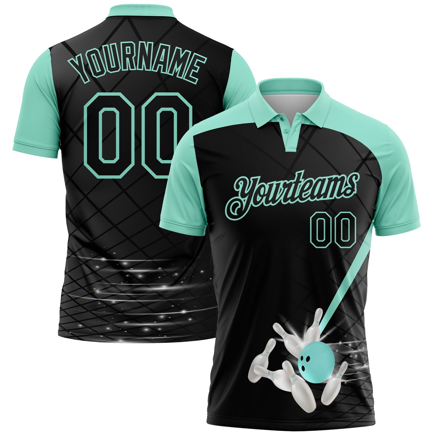 Custom Black-Ice Blue Bowling Geometric Grid Performance Polo Shirt