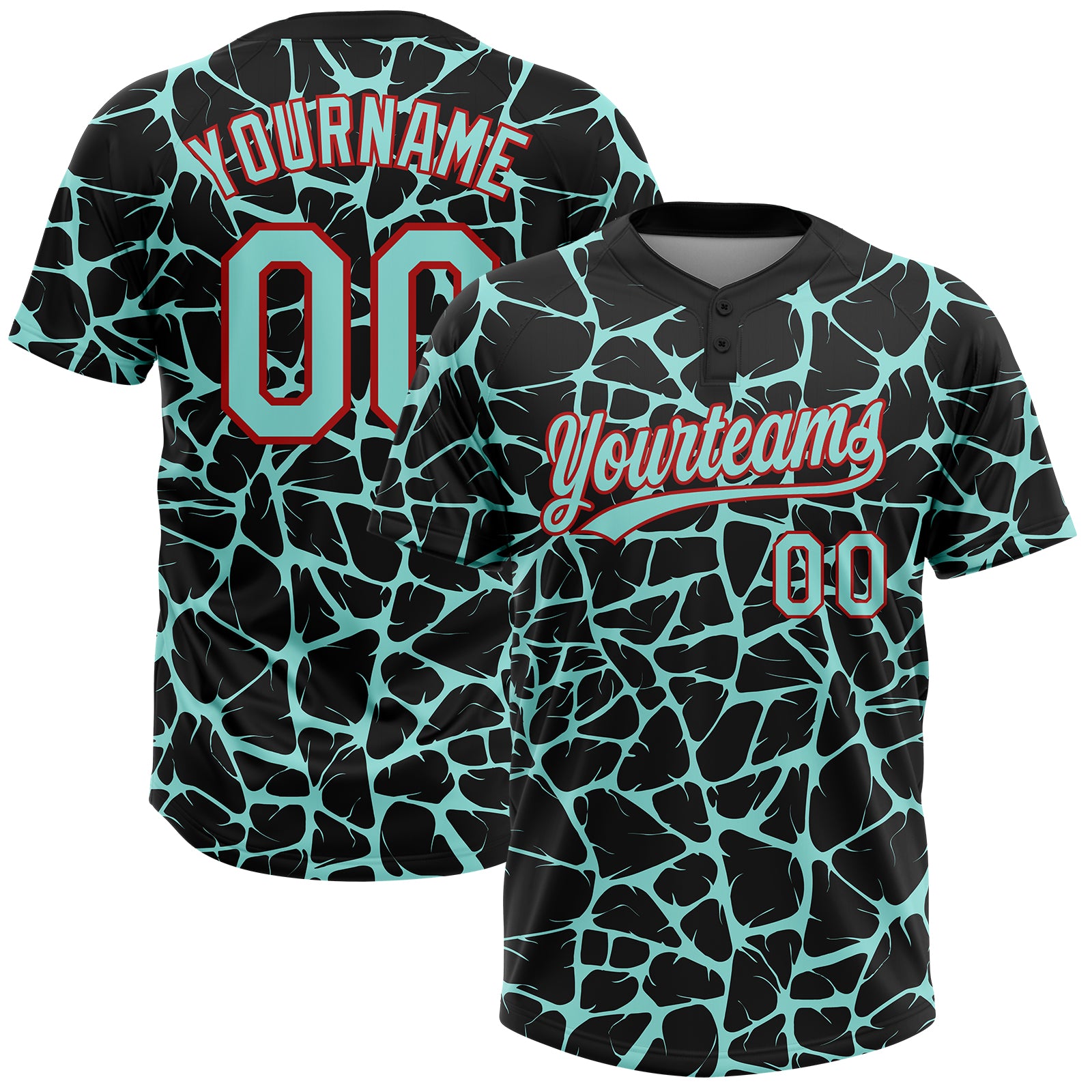 Custom Black Ice Blue-Red 3D Pattern Design Abstract Network Crackle Two-Button Unisex Softball Jersey
