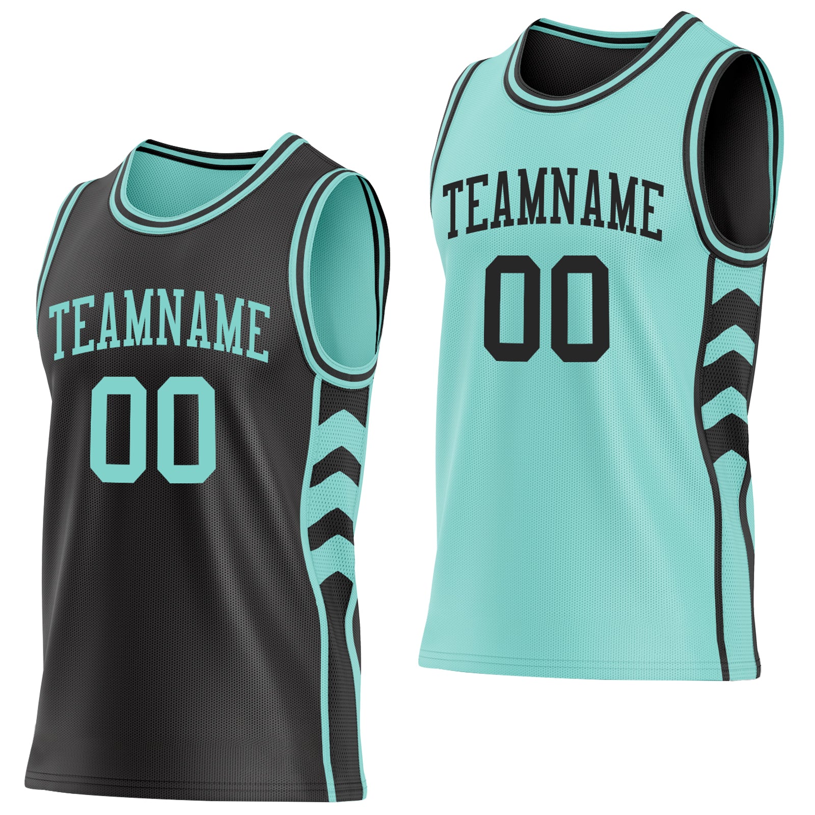 Custom Black-Ice Blue Side Panel Geometric Chevron Reversible Double Side Sublimation Basketball Set Jersey