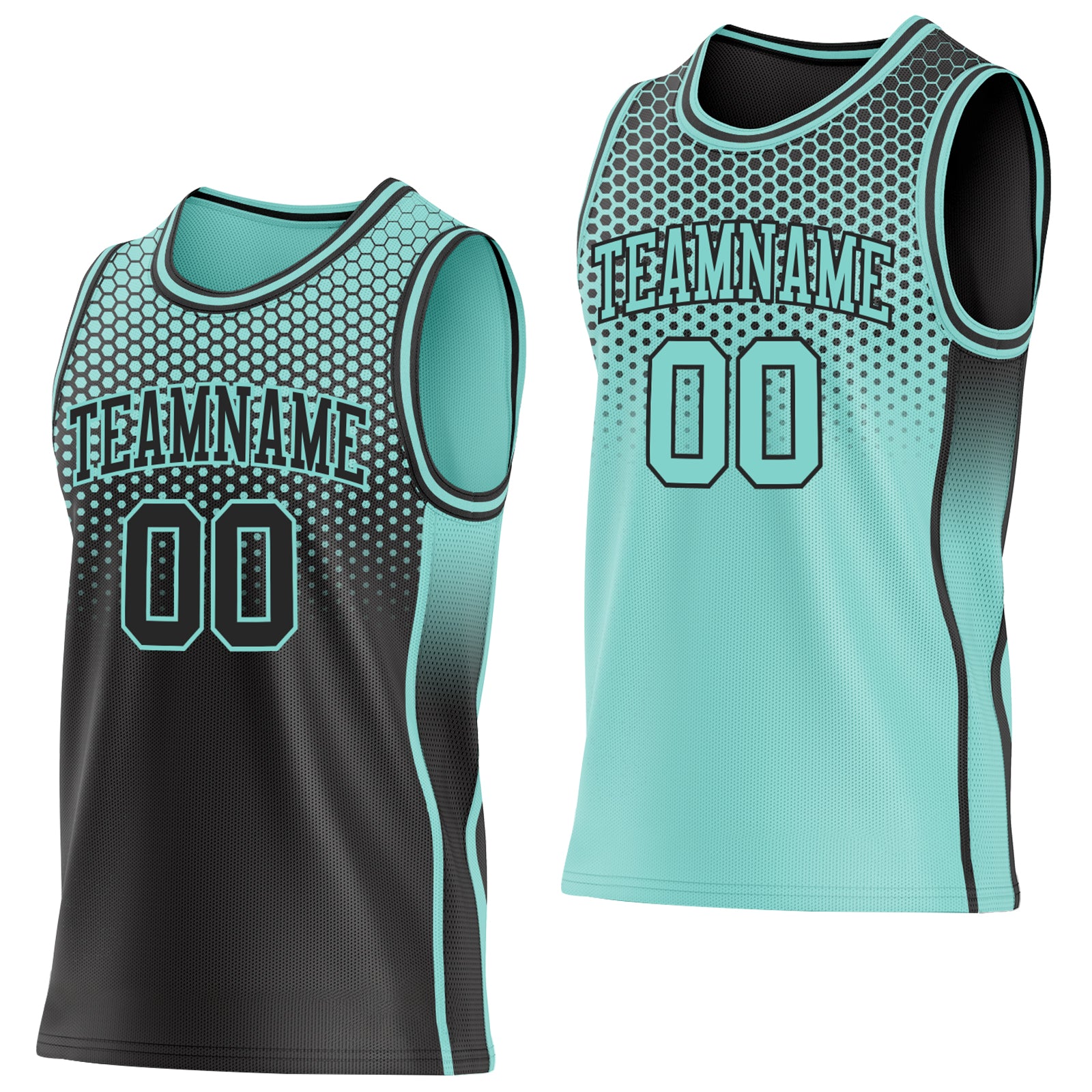 Custom Black-Ice Blue Side Panel Stripe Gradient Geometric Honeycomb Reversible Double Side Sublimation Basketball Set Jersey