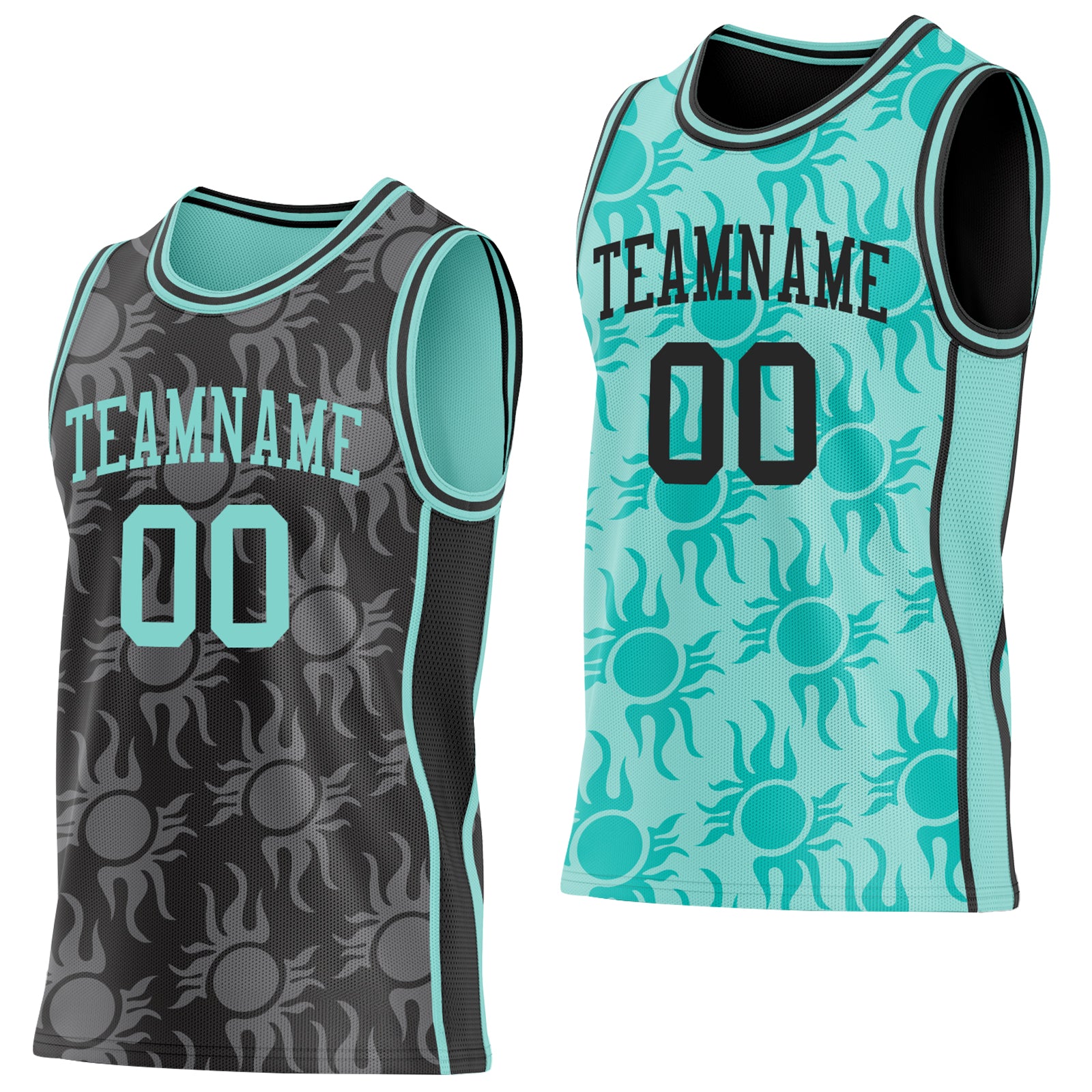 Custom Black-Ice Blue Side Panel Stripe Sun Flame Reversible Double Side Sublimation Basketball Set Jersey
