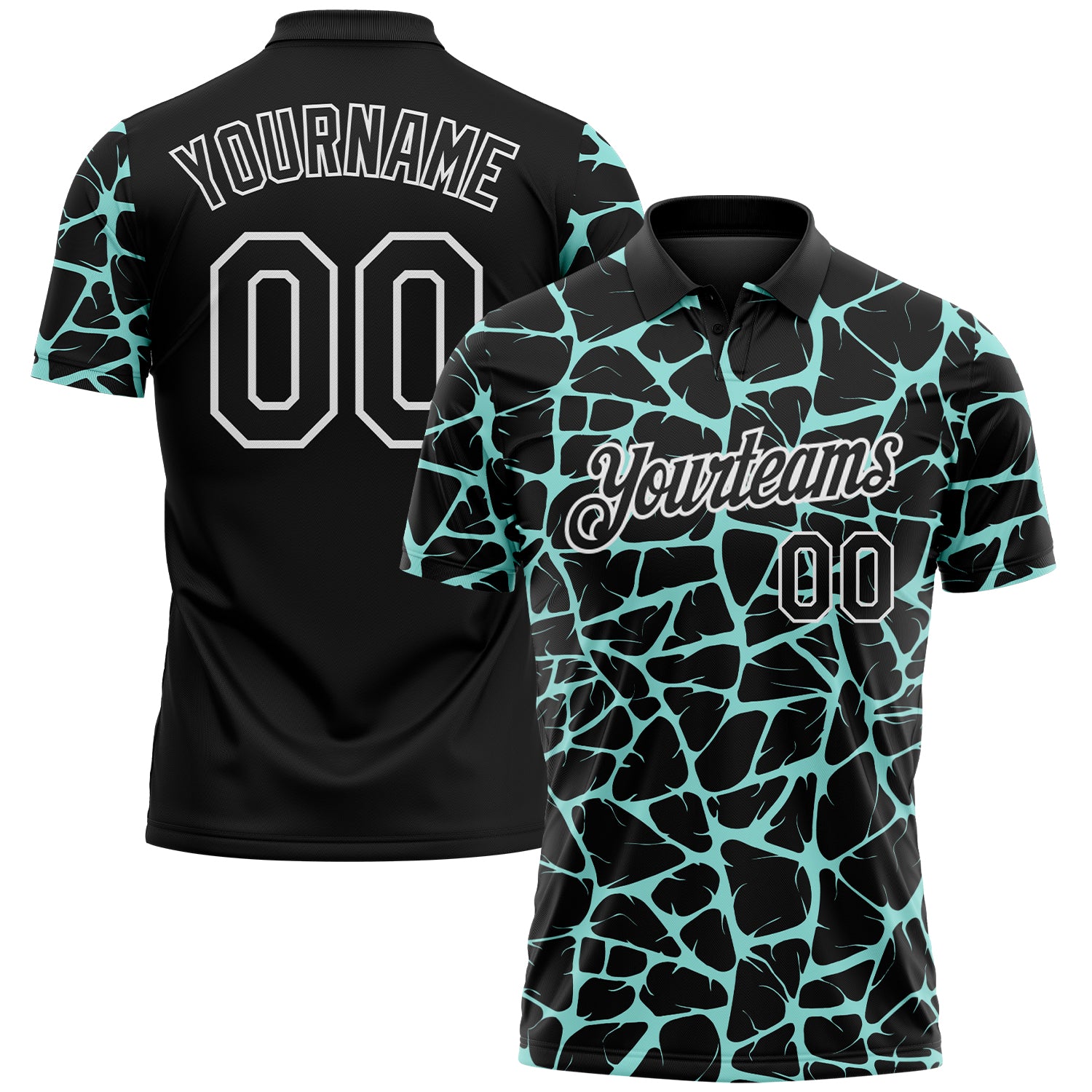 Custom Black Ice Blue-White 3D Pattern Abstract Network Crackle Performance Polo Shirt
