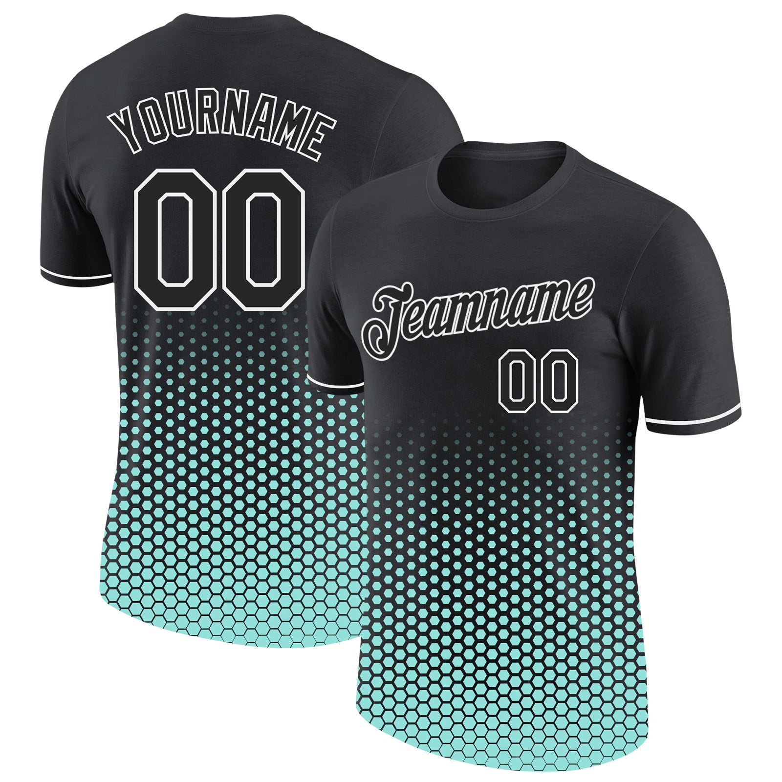 Custom Black Ice Blue-White Geometric Hexagonal Dot Gradient Performance T-Shirt