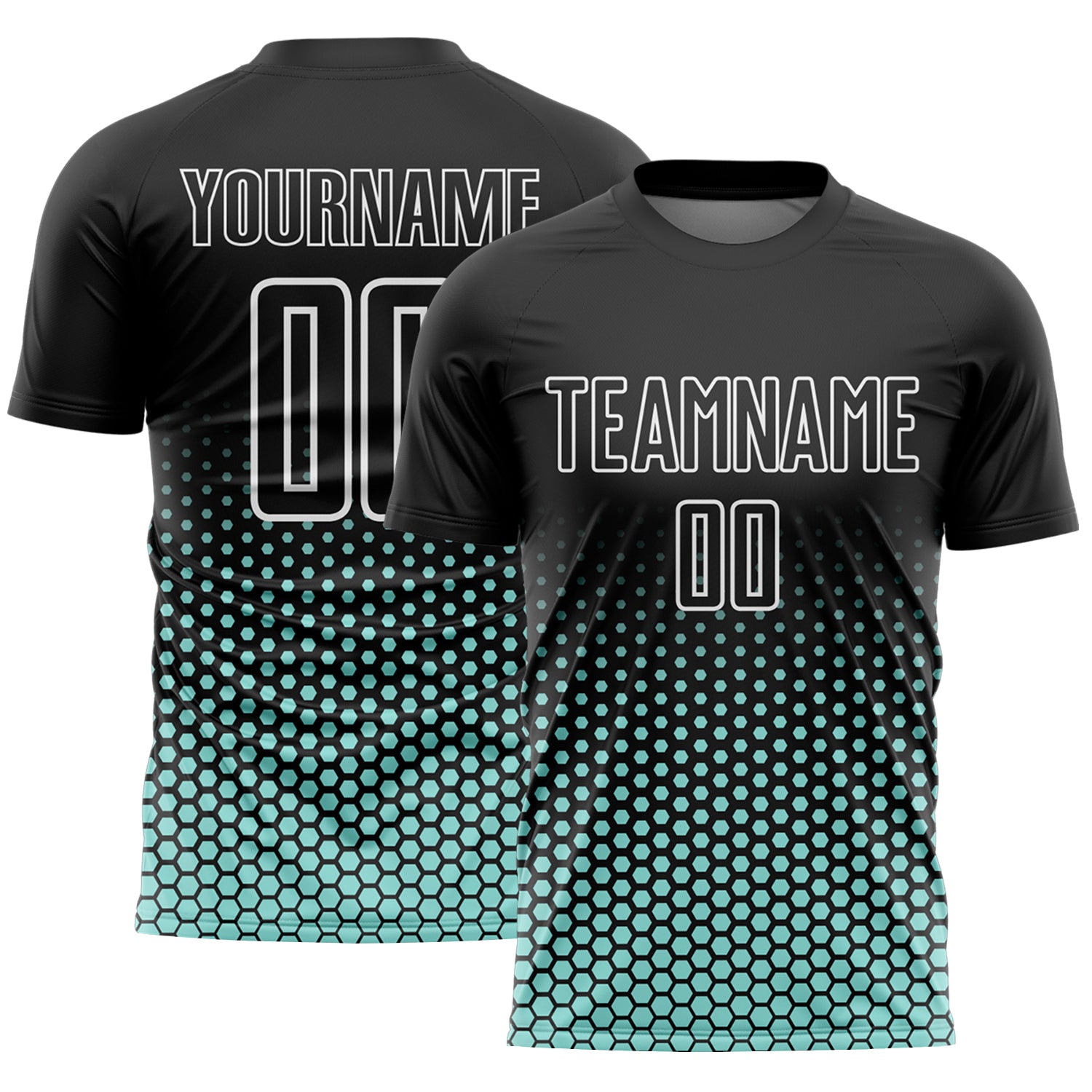 Custom Black Ice Blue-White Geometric Hexagonal Dot Gradient Sublimation Soccer Uniform Jersey