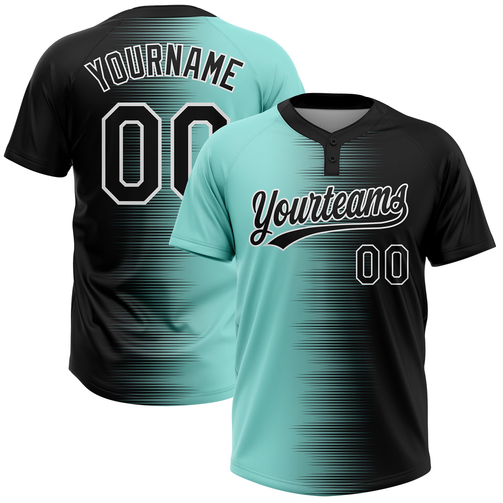 Custom Black Ice Blue-White Gradient Horizontal Stripe Two-Button Unisex Softball Jersey