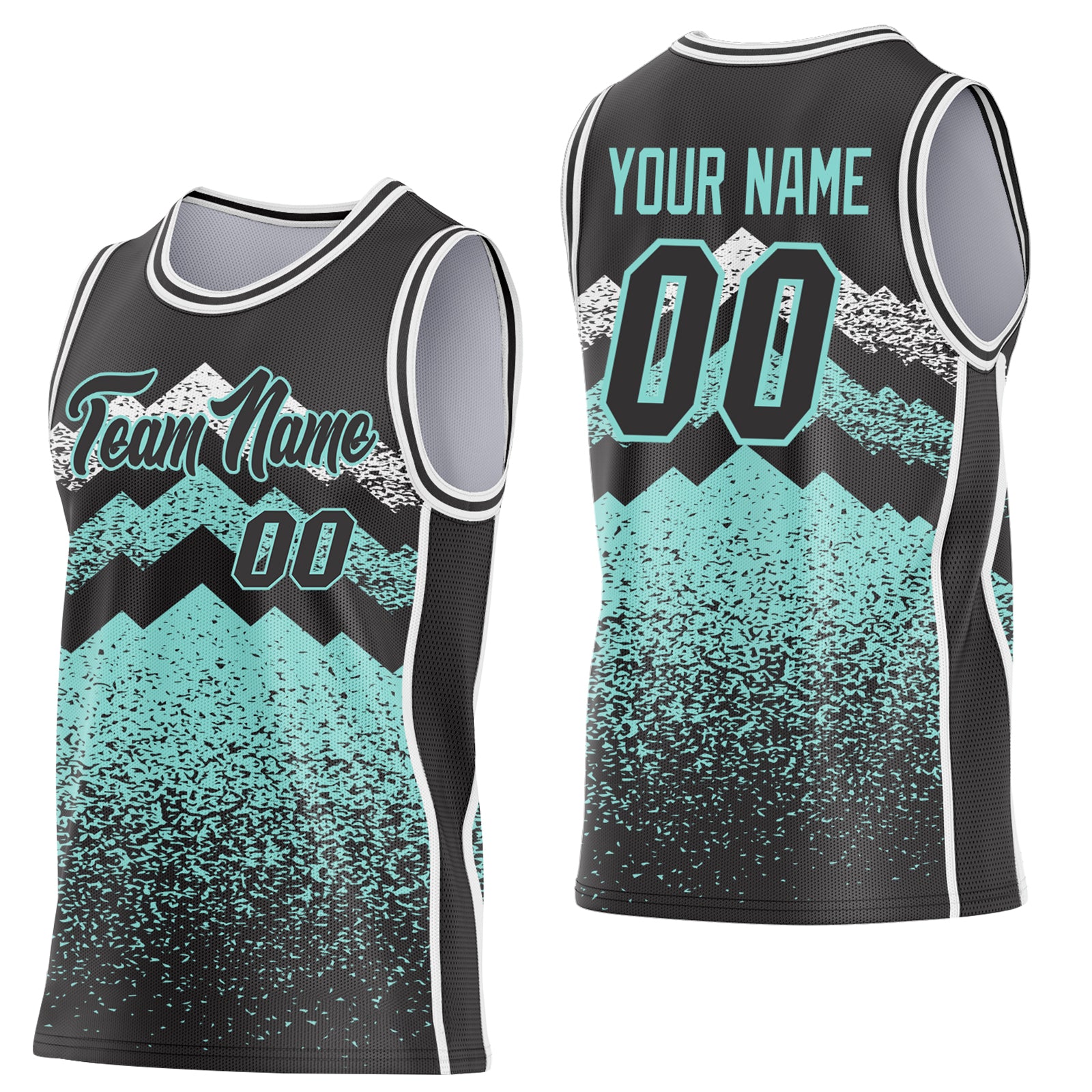 Custom Black Ice Blue-White Mountain Peak Shards Side Panel Stripe Round Neck Sublimation Basketball Set Jersey