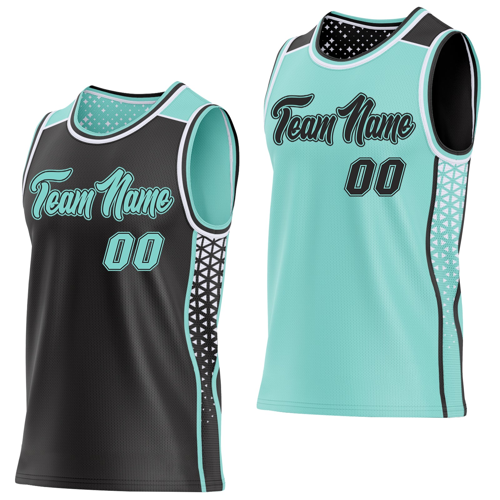 Custom Black Ice Blue-White Side Panel Stripe Geometric Triangle Gradient Dot Reversible Double Side Sublimation Basketball Set Jersey